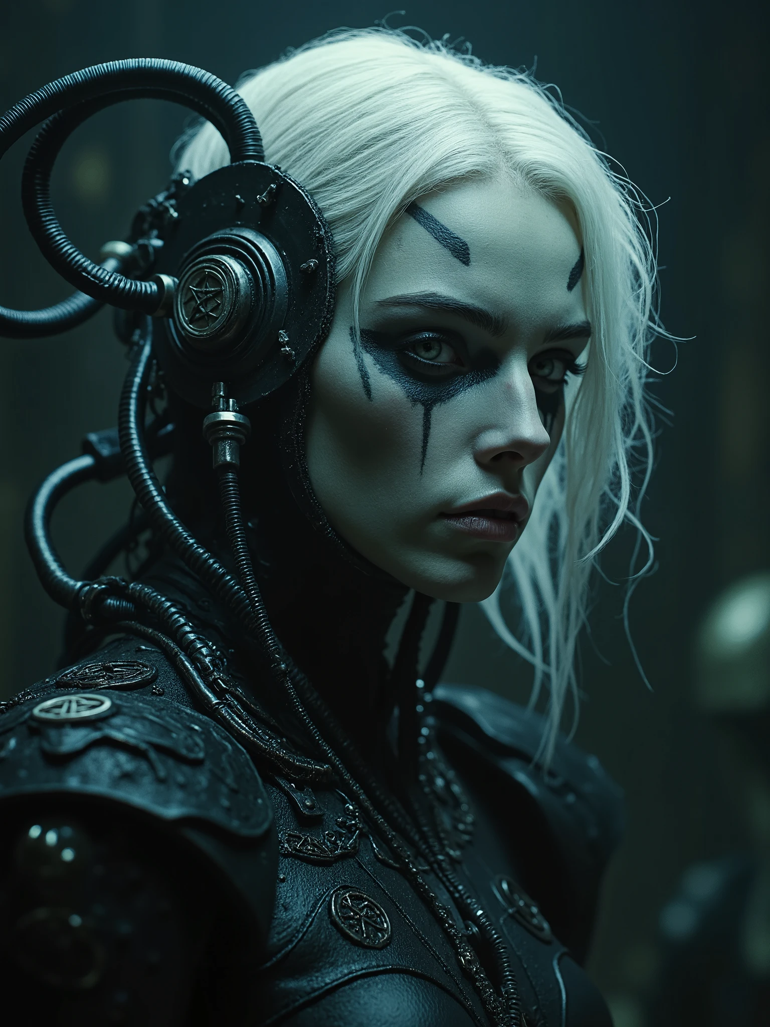 HR Giger biomechanical woman sensual and dark beautiful white hair connected to a machine with tubes, alien surreal dark art sensual art, satanic occult black metal dark horror photography,dark realistic photography, melancholic ambience, pentagram, occult, Satanism
