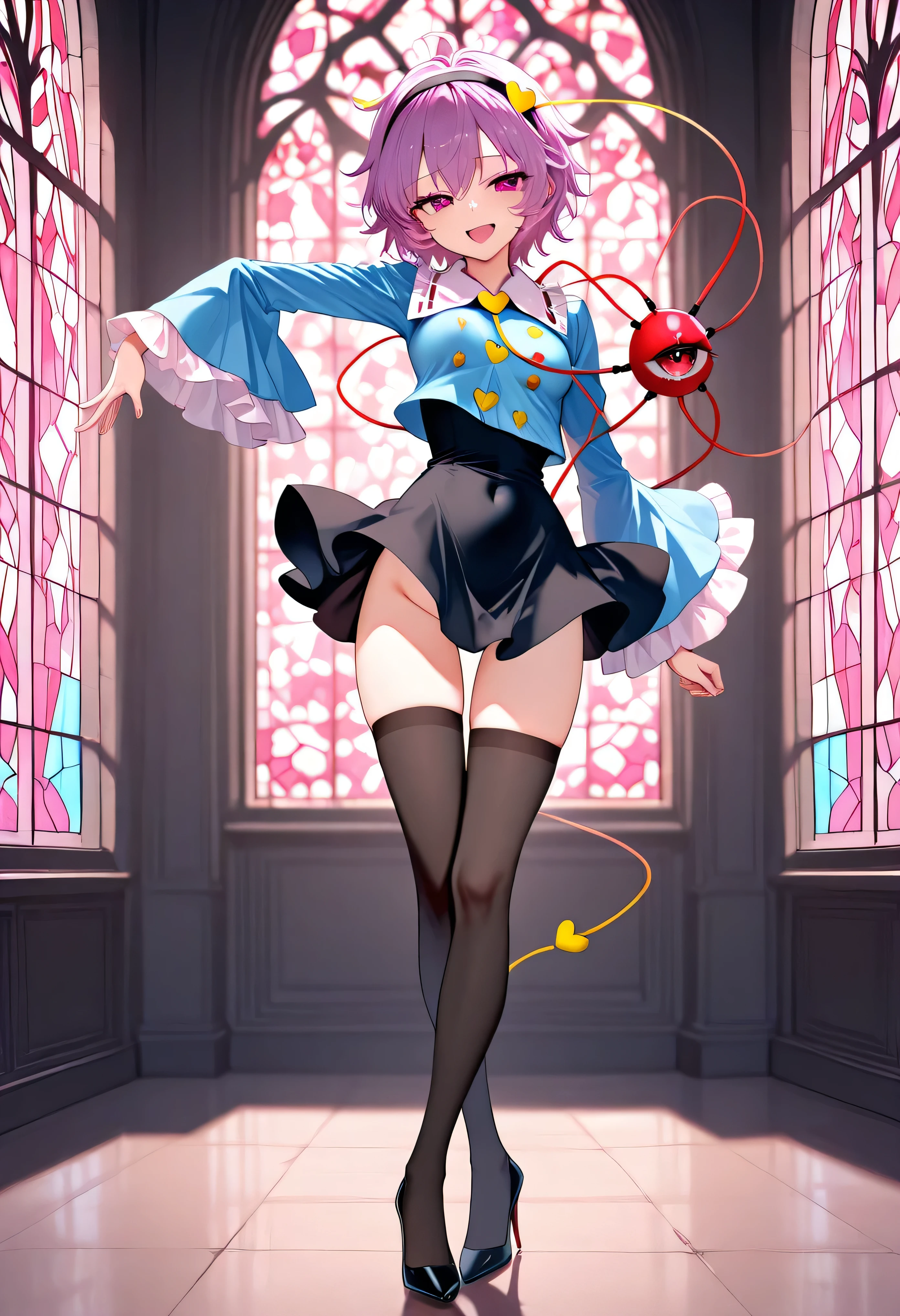 (score_9), komeiji_satori, longlegs_v0.22_pony, solo, (1 skinny girl standing), (petite small girl), BREAK, (cropped coat:1.2), (black short dress:1.2), thigh gap, (groin:1.2), black thighhighs, stiletto heels, BREAK, looking at viewer, {smile:0.2}, {open mouth:0.2}, (bouncing unaligned breasts:1.1), BREAK, (too short torso:1.2), (too narrow waist:1.2), (too short waist:1.2), (covered large nipples), BREAK, stained glass