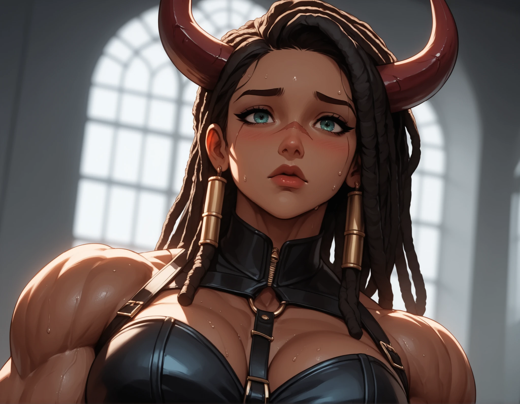 college_house_party, blurred_red_and_purple_LED_background, soft_party_lighting, ambient_fog, faint silhouettes in background, dark_skin, long_red_dreadlocks, bull_horns, scarred_very_muscular_upper_body, (very_muscular_female:1.3), combat_corset_with_crimson_veining, thick_leather_straps_wrapping_thighs, black_combat_pants, teal_eyes, close_up_on_face_and_upper_body, flustered_expression, nervous_glance, blush_on_cheeks_and_nose, slightly_parted_lips, sweat_beading_on_skin, unsteady_posture, bare_shoulders, intense_focus_on_eyes_and_expression, solo_focus, shallow_depth_of_field, cinematic crop, (masterpiece:1.2), (best quality:1.2), ultra detailed, 8k, watercolor, cinematic lighting, volumetric_lighting, soft shadows, ((forced_perspective)), (Diminishing scale perspective:1.3), (lora:Yandere Queen:0.85) (lora:Detailed Background:0.6) (lora:Shaded Face:1.0) (lora:SDXL ARW:0.65) (lora:NoobAI Detailer:0.6) (lora:detailed anime girls XL:0.5)