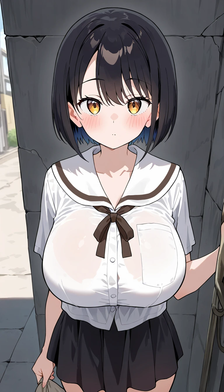 ((Tabletop, Highest quality, High resolution, Pixel Perfect, 4K, Browsing Caution)))、Office Lady、1 Girl, Beautiful woman、((Short Hair、Forehead、Split bangs、Brown Hair)), ((Brown eyes、Beautiful eyelashes, Realistic eyes)), ((Detailed face, blush:1.2)), ((Smooth texture:0.75, Realistic texture:0.65, Realistic:1.1, Anime CG Style))、((Huge breasts、Swollen nipples、Thick thighs)), Perfect body、Locker room at night、From the side、((((:or、surprised、blush))))、((Sweat、Steam from armpits))、(Place your hands behind your head、Underarm)、(((Light blue panties)))、((White dress shirt))