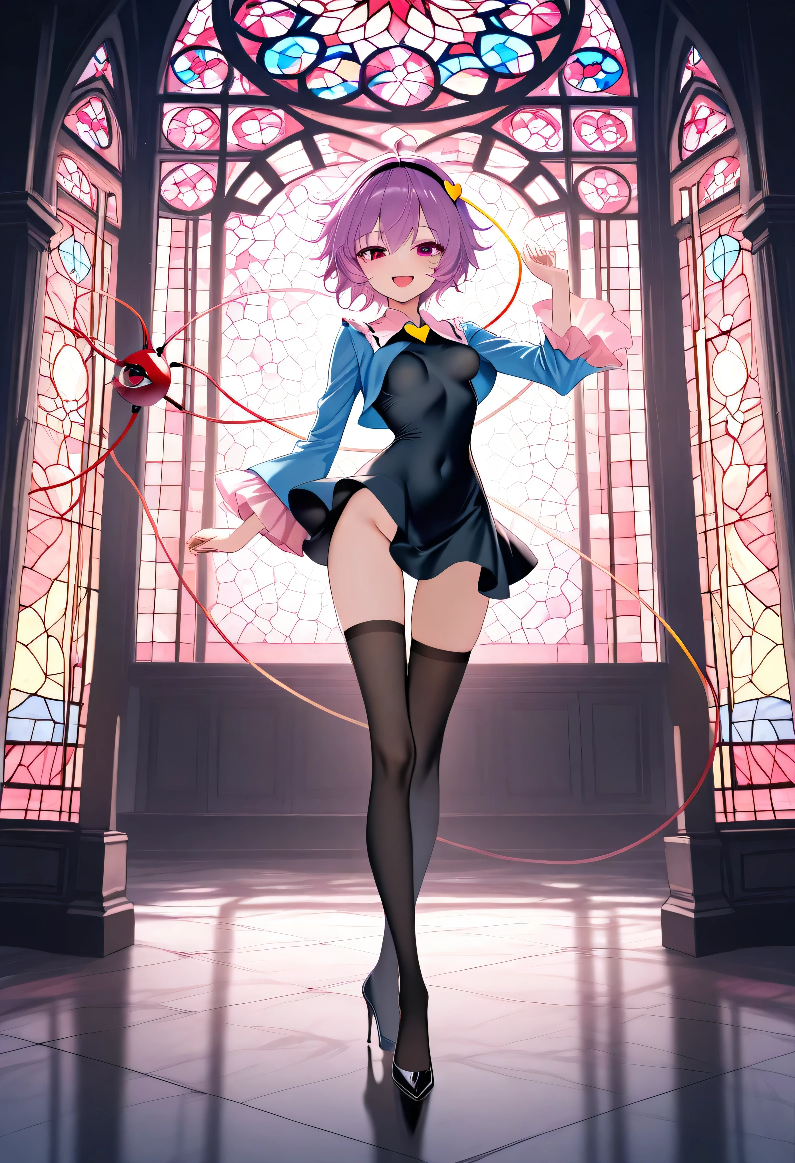 (score_9), komeiji_satori, longlegs_v0.22_pony, solo, (1 skinny girl standing), (petite small girl), BREAK, (cropped coat:1.2), (black short dress:1.2), thigh gap, (groin:1.2), black thighhighs, stiletto heels, BREAK, looking at viewer, {smile:0.2}, {open mouth:0.2}, (bouncing unaligned breasts:1.1), BREAK, (too short torso:1.2), (too narrow waist:1.2), (too short waist:1.2), (covered large nipples), BREAK, stained glass
