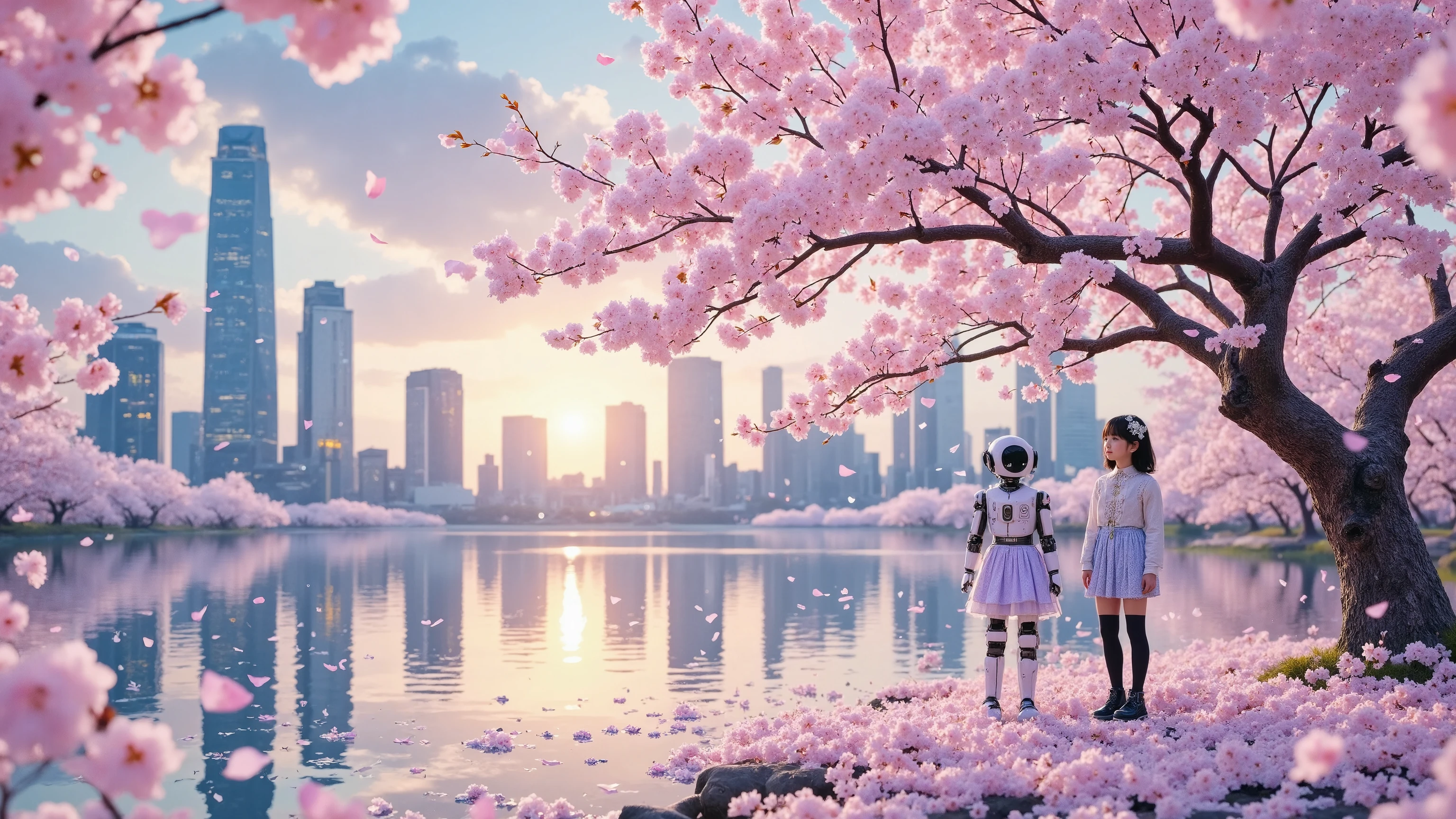 "A cinematic scene featuring a futuristic cyberpunk city skyline with towering skyscrapers. In the foreground, a glowing lake reflects the soft light of a sunset. A young cyberpunk girl and a small humanoid robot stand together under a massive cherry blossom tree in full bloom, looking up in awe. Cherry blossom petals dance in the air like snow. The scene blends high-tech elements like neon lights and robotic limbs with the serene beauty of nature. Ultra-detailed, photorealistic style with atmospheric lighting, sakura petals in motion, and mirror-like reflections on the water."