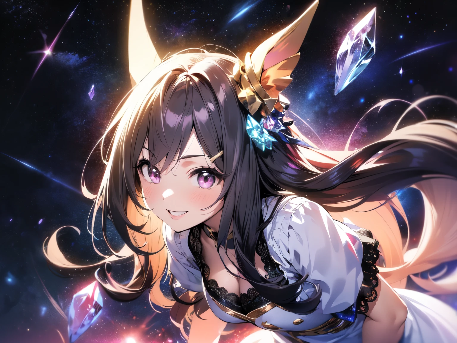 (Solo: 1.5),(Young human girl: 1.5),(Horse ears),(Cleavage),(Looking at camera),(Smiling sweetly: 1.5),(Long black hair: 1.5),(Hair blowing in the wind),(Pastel peach lace short sleeve dress: 1.5),(Black pantyhose),(Hands hidden underneath: 1.5),(Leaning forward: 1.5),(Dark purple background, crystal, crystal space, starry sky: 1.5),(Strong wind),(Accurate human anatomy: 1.5),(Animated illustration: 1.5),(Excellent, high quality, high resolution),(Upper body focus: 1.5),