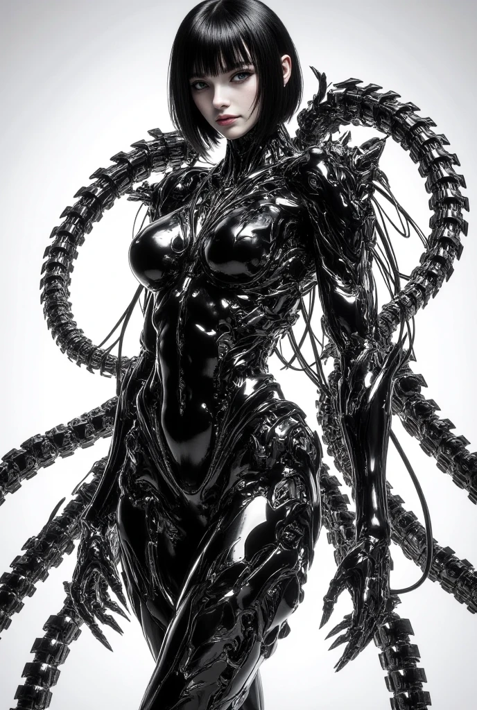 Create an image of Stunningly gorgeous beautiful perfect hr giger sexy seductive dlhr giger girl, Stunningly gorgeous perfect flawless sexy face, hyper detailed neon ruby, large firm breasts, full body view, nude, no color black and gray only,