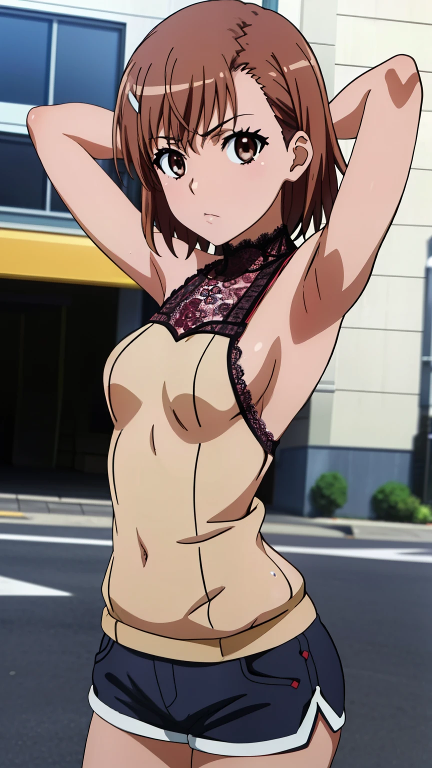 (masterpiece, best quality, high resolution, 8k:1.2), (anime coloring:1.3), highly detailed, beautiful eyes, perfect eyes, fine eyes, brown eyes, featuring big highlights, detailed face, highly detailed, fine eyes, symmetrical eyes, one girl, alone, Misaka Mikoto, brown hair, short hair, hairpin, (small breast:1.1), slim body, (nffsw), (red knit, halter neck, (lace:1.5), sleeveless, off shoulder, sideboob, arm, (navel:0.5), shorts), (arms behind head), (Street Corner), at the viewer, in the center of the image, (cowboy shot), dutch angle,