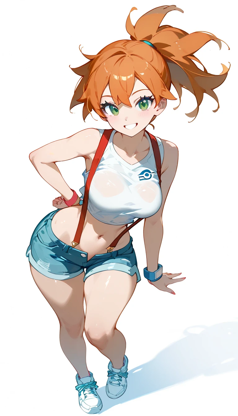 Orange hair, Blue eyes, Short hair, Looking at Viewer, Upper body, Standing, Short shorts, Red shorts, Black shirt, Midriff, T-shirt, Smile, 牙, masutepiece, Best Quality,