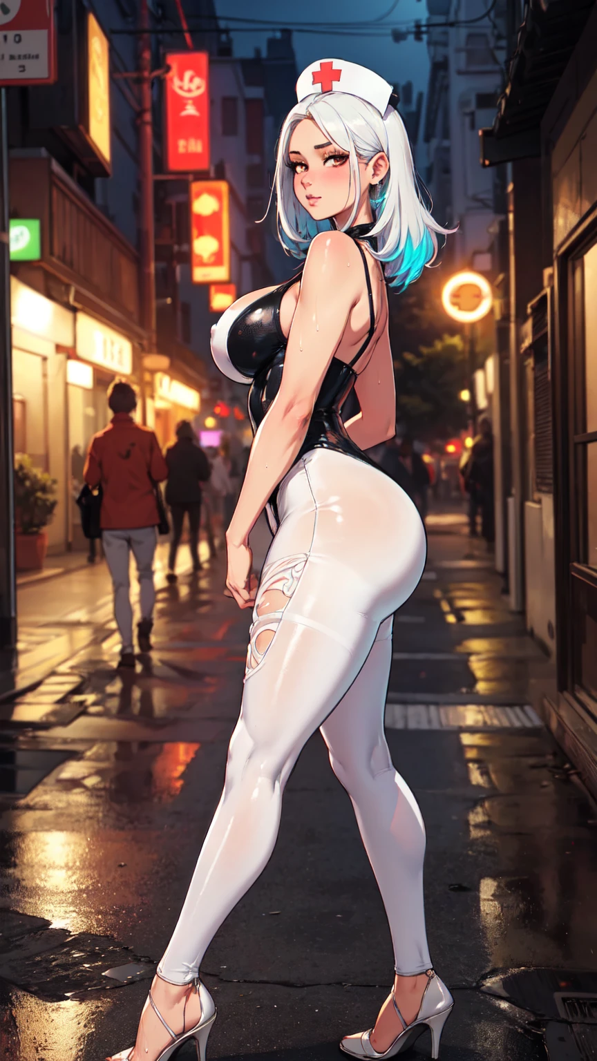16K Ultra High Definition Top Quality
Mummy costume with white bandages all over the body, Beautiful woman with very long lashes, Blue Blaze, shinny skin, Lustrous hair, big eye, Beautiful red eyes, ultra gigantic tits, extremely big ass、very white body、The background is the sidewalk of the city at night crowded with Halloween parties
