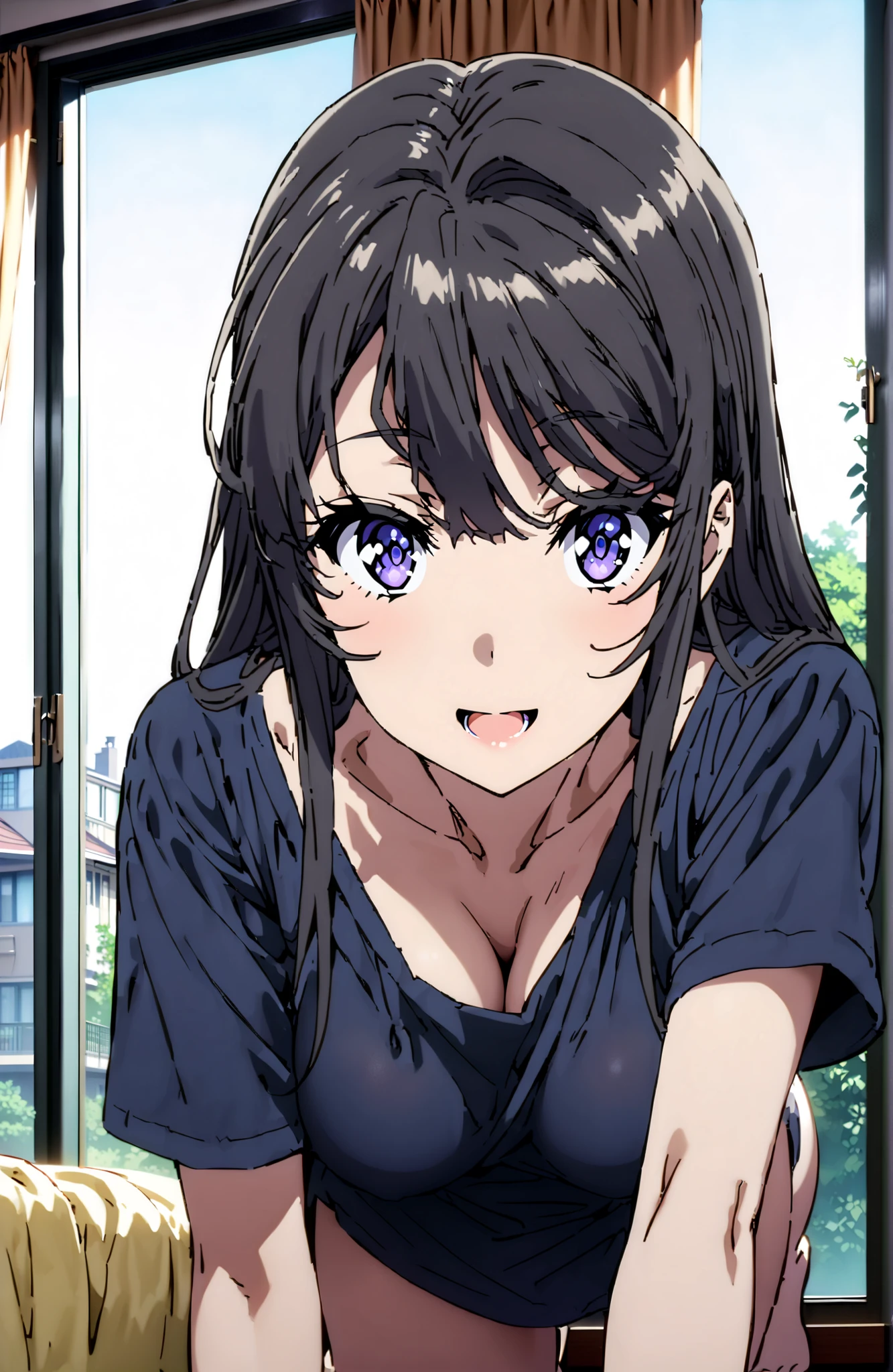 score_9, score_8_up, score_7_up, source_anime,
household, Mai Sakurajima, long hair, Bang, black hair, purple eye, extended down blouse, down blouse, No., saggy breasts,Oversized t-shirt standing on all fours on a bed,smile,cover,open your mouth,narrows her eyes,Bare legs,morning,decor,curtains,window, Beautiful Streetscapes,break indoors, bedroom,
break looking at viewer,full body,
break (masterpiece:1.2), BEST QUALITY, high resolution, Unity 8Kの壁紙, ( illustration :0.8), (beautiful detailed eyes:1.6), very detailed face, perfect lighting, highly detailed CG, (perfect hand, Perfect Anatomy),