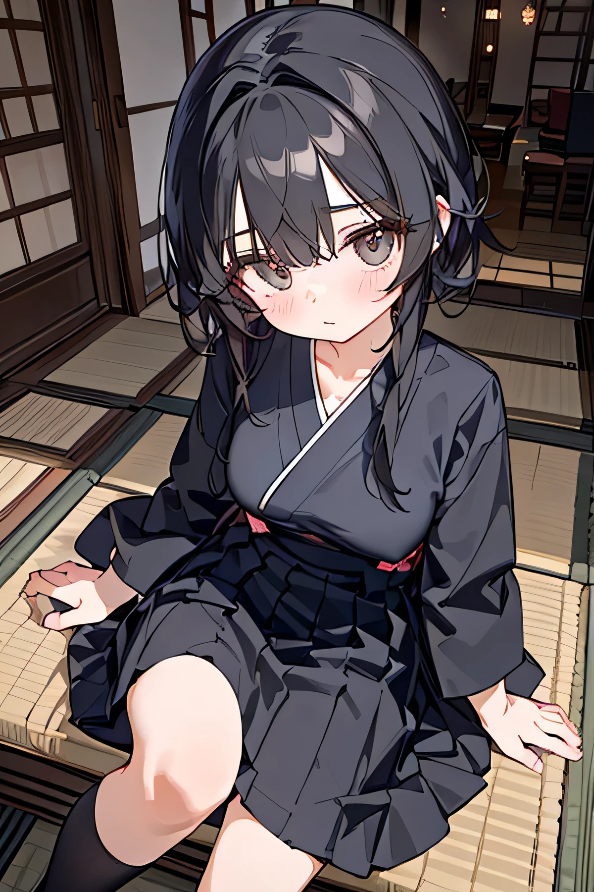 City，one beautiful girl，（（ hairstyle that hides one eye）），stupid hair，Mysterious Atmosphere， natural body，Clear Skin，（Sexy body type，marshmallow breasts ，slender）， Kunoichi，beautiful black hair，beautiful light black eyes，detailed clothes，well-groomed face，Fair skin，Japanese face，（uniform，skirt，knee socks，loafers）， quiet personality ，