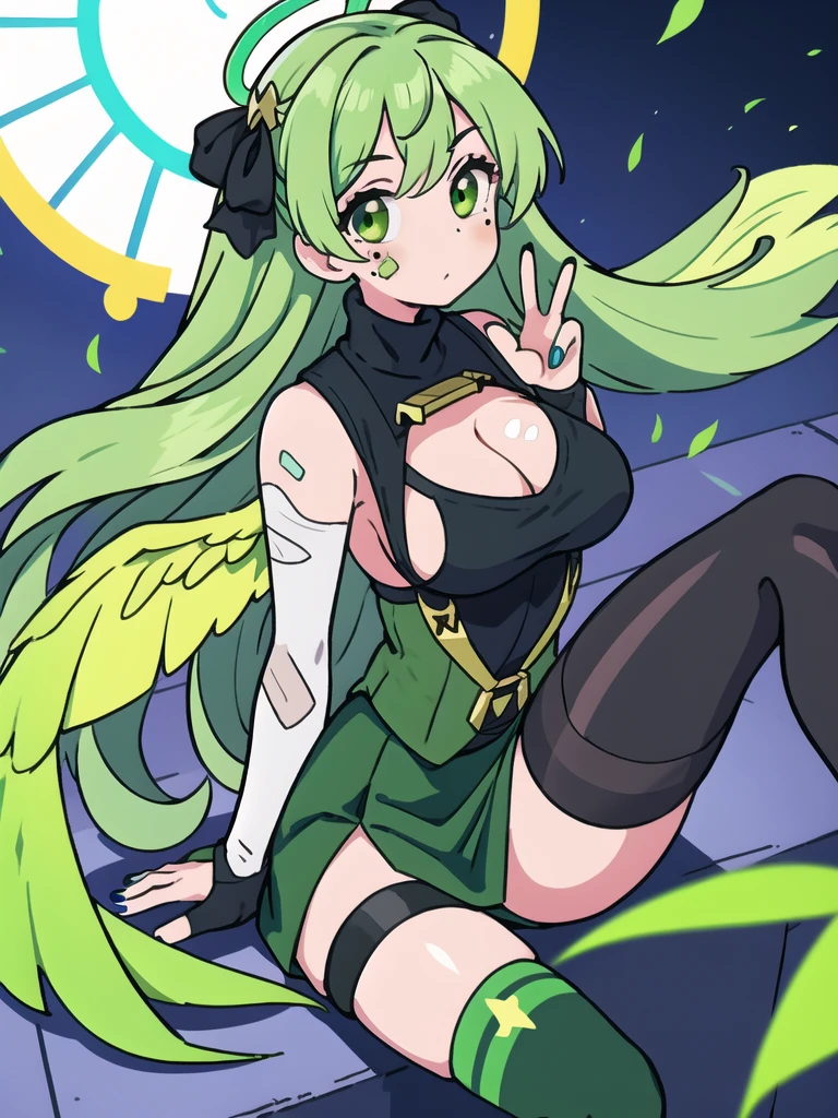 hermosa adolescente de cabello en colores verdes ropa futurista sensual con una arpa de arma de guerra en estilos manga y anime.
