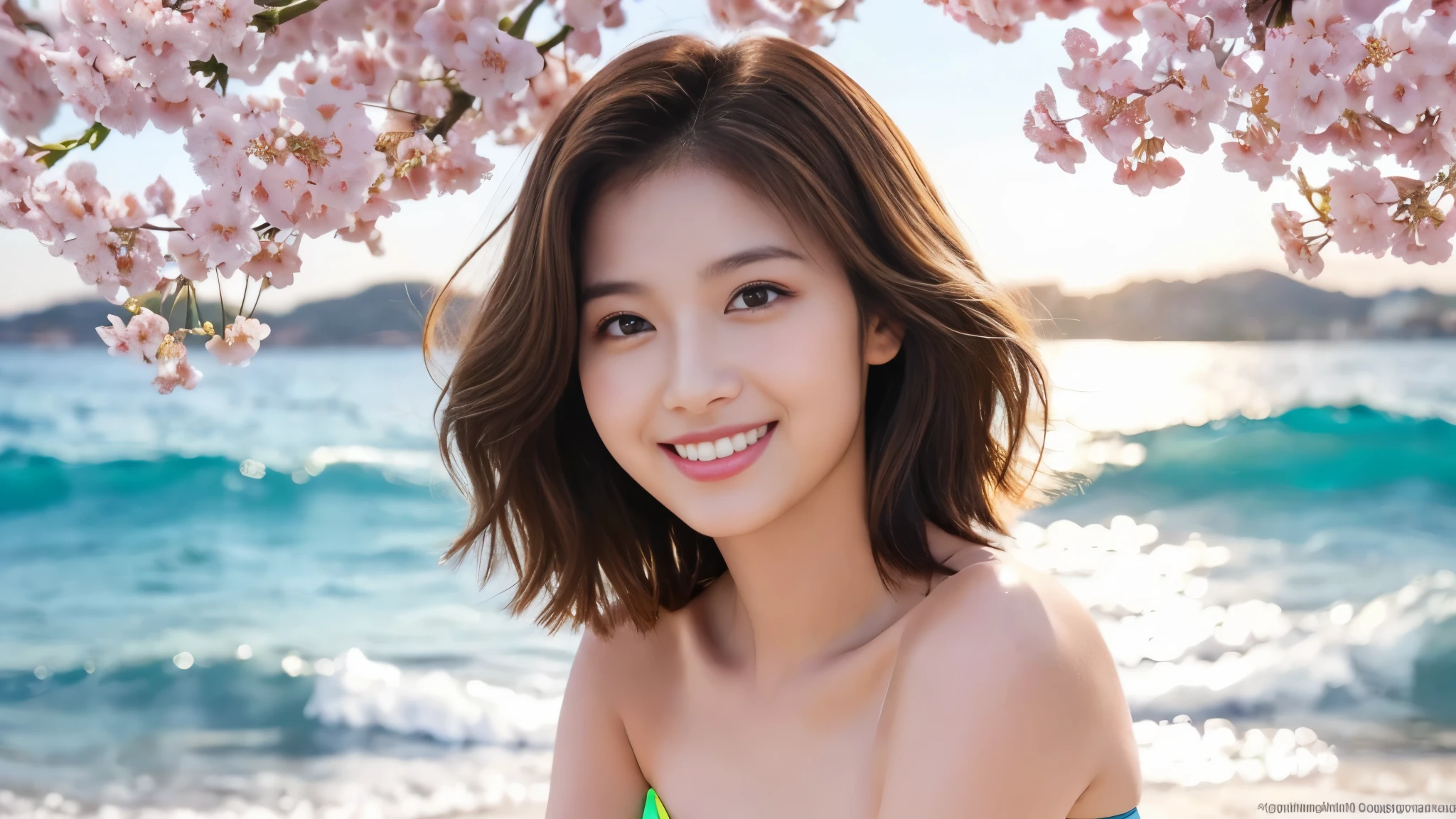 Best Quality、( Brown Cross Halter Bikini )、(full body shot of hair in backlight)、24 years old、1 woman,(short hair),Best Quality,masterpiece,,very delicate and beautiful when closed,CG, 8k Wallpaper,wonderful,fine grained,masterpiece,Official Art,Best O'Connor , 8k, dark brown skin openings , hair, ( medium hair ), Nice Smile Looking Me ,, beautiful cherry blossoms , 輝く bright桜, beautiful cherry blossoms並木 , Beautiful Clear Sky , ( 超 bright 、 vivid な : 1 .1), ( shiny skin : 1. 1), ( portable , bright and beautiful skin: 1. 1), ( portable Beautiful Teeth, portable hair, portable Glowing Eyes, natural cosmetic , improved body line , ( Beautiful Skin That Glows So brightly: 1. 1), plump and healthy bodies, ( Perfect anatomy in the ocean : 1. bright, vivid : 1 .2), sexy poses that highlight chica , Photorealistic Front Face , 美しい瞳を持つBest Quality