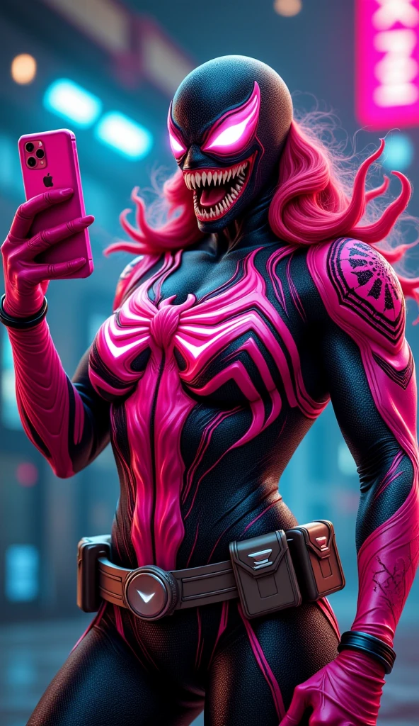 comic (Drawing:1.3) of (Sketch:1.3) a pink alien standing in front of a city, venom symbiote, symbiote, venom, official artwork hdr, screenshot from morbius 2022, hero pose colorful city lighting, 8k hd concept art, venomized, 8k render, 8 k high detail concept art, tor from marvel, background artwork, high detailed official artwork . graphic illustration, comic art, graphic novel art, vibrant, highly detailed
