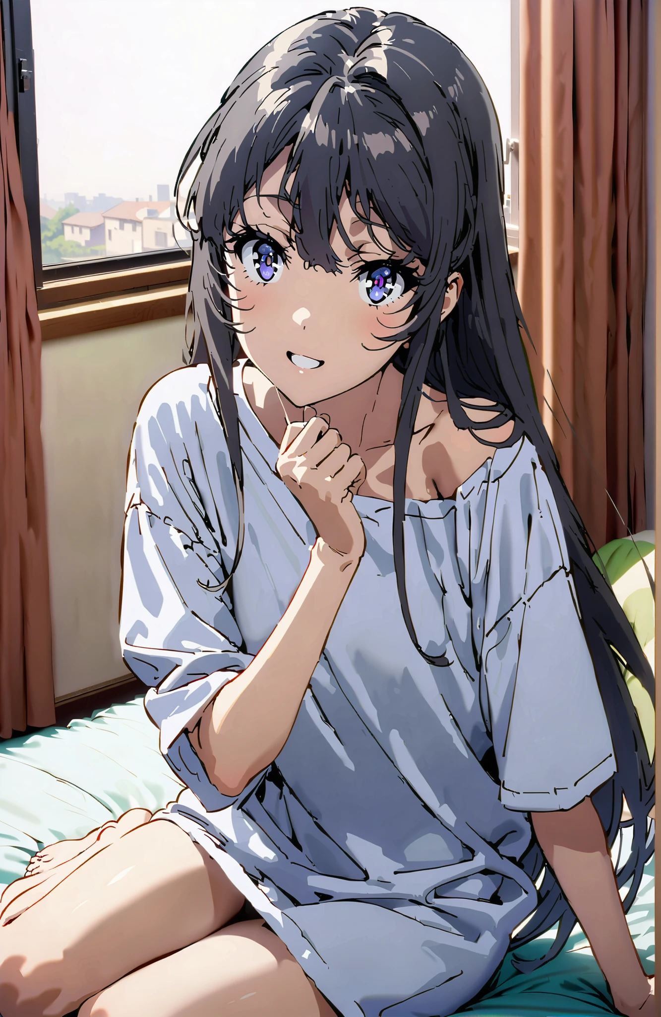score_9, score_8_up, score_7_up, source_anime,
household, Mai Sakurajima, long hair, Bang, black hair, purple eye,oversized t-shirt,black string panties, one shoulder,sits on a bed,smile,cover,open your mouth,narrows her eyes,Bare legs,morning,decor,curtains,window, Beautiful Streetscapes,break indoors, bedroom,
break looking at viewer,full body,
break (masterpiece:1.2), BEST QUALITY, high resolution, Unity 8Kの壁紙, ( illustration :0.8), (beautiful detailed eyes:1.6), very detailed face, perfect lighting, highly detailed CG, (perfect hand, Perfect Anatomy),