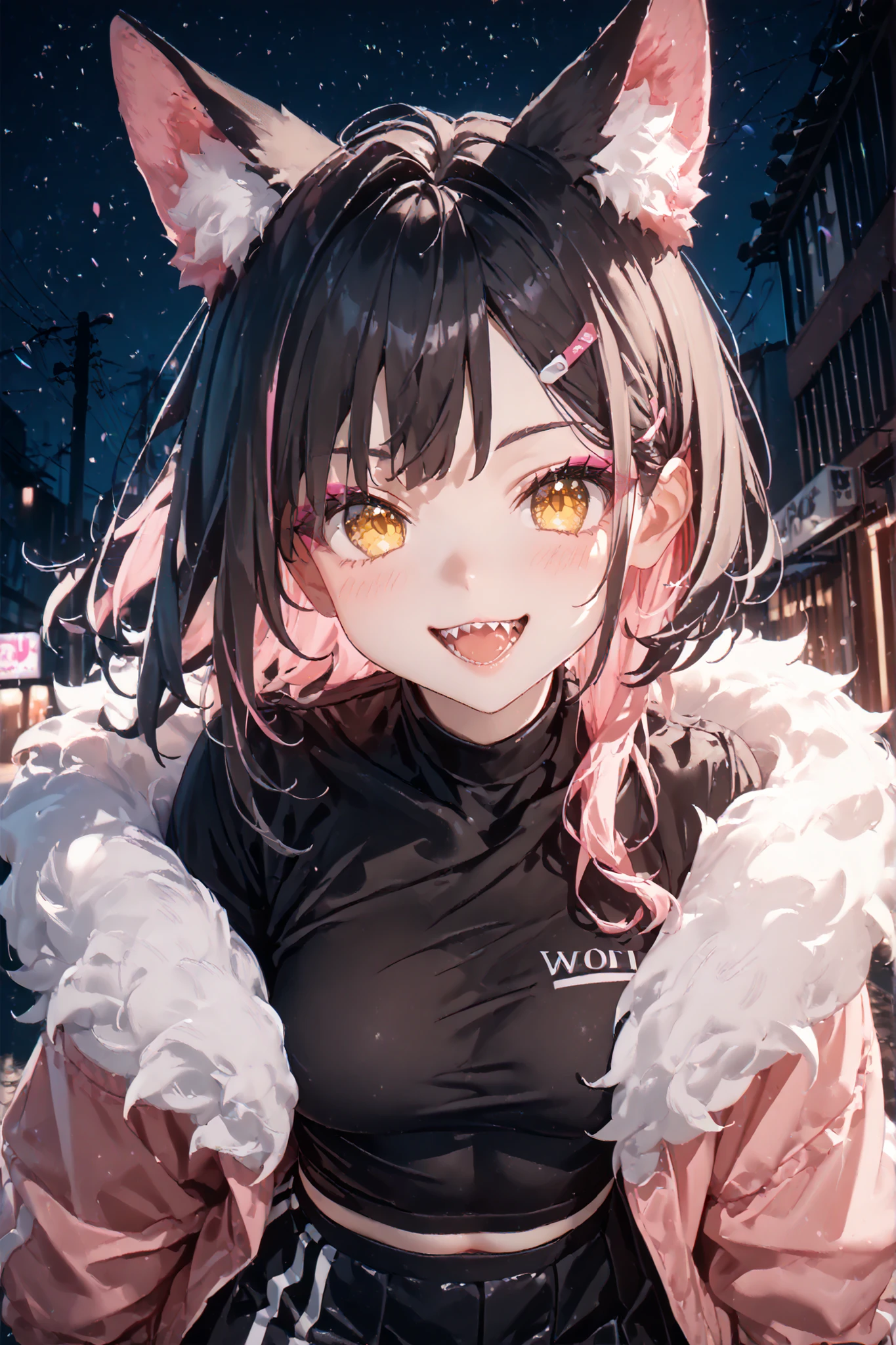 Character: solo, 1girl, wolf-girl, demi-human, adult, grenn-yellow eyes ((Eyes with high detail, no defects, pupils of equal size)), playful, cheeky look, full lips, black hair, pink highlight on hair, wolfcut, (wolf ears), sharp teeth, canine teeth, playful smile, escaped curls, bright make-up, pink eyeshadow, cute face, a-cup breasts, black plain crop top, pink fur cape, black short skirt. Background: dark alley, outside of nightclub, outdoors, night, particles, fractal, best quality, 8k, highres, masterpiece, ultra-detailed, dramatic lighting