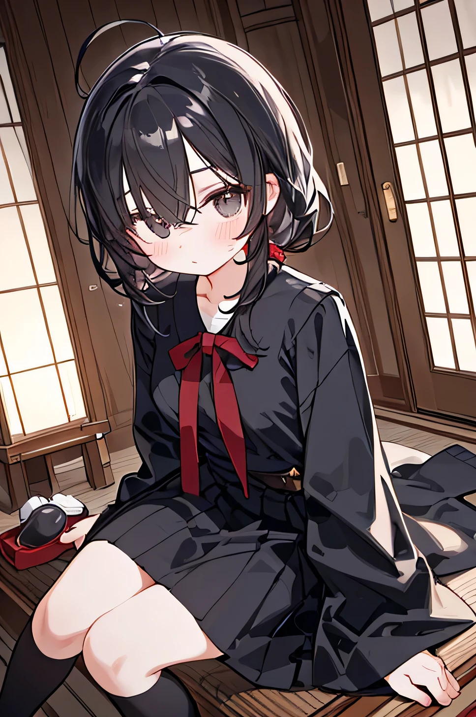 City,one beautiful girl,(( hairstyle that hides one eye)),stupid hair,Mysterious Atmosphere, natural body,Clear Skin,(Sexy body type,marshmallow breasts ,slender), Kunoichi,beautiful black hair,beautiful light black eyes,detailed clothes,well-groomed face,Fair skin,Japanese face,(uniform,skirt,knee socks,loafers), quiet personality ,
