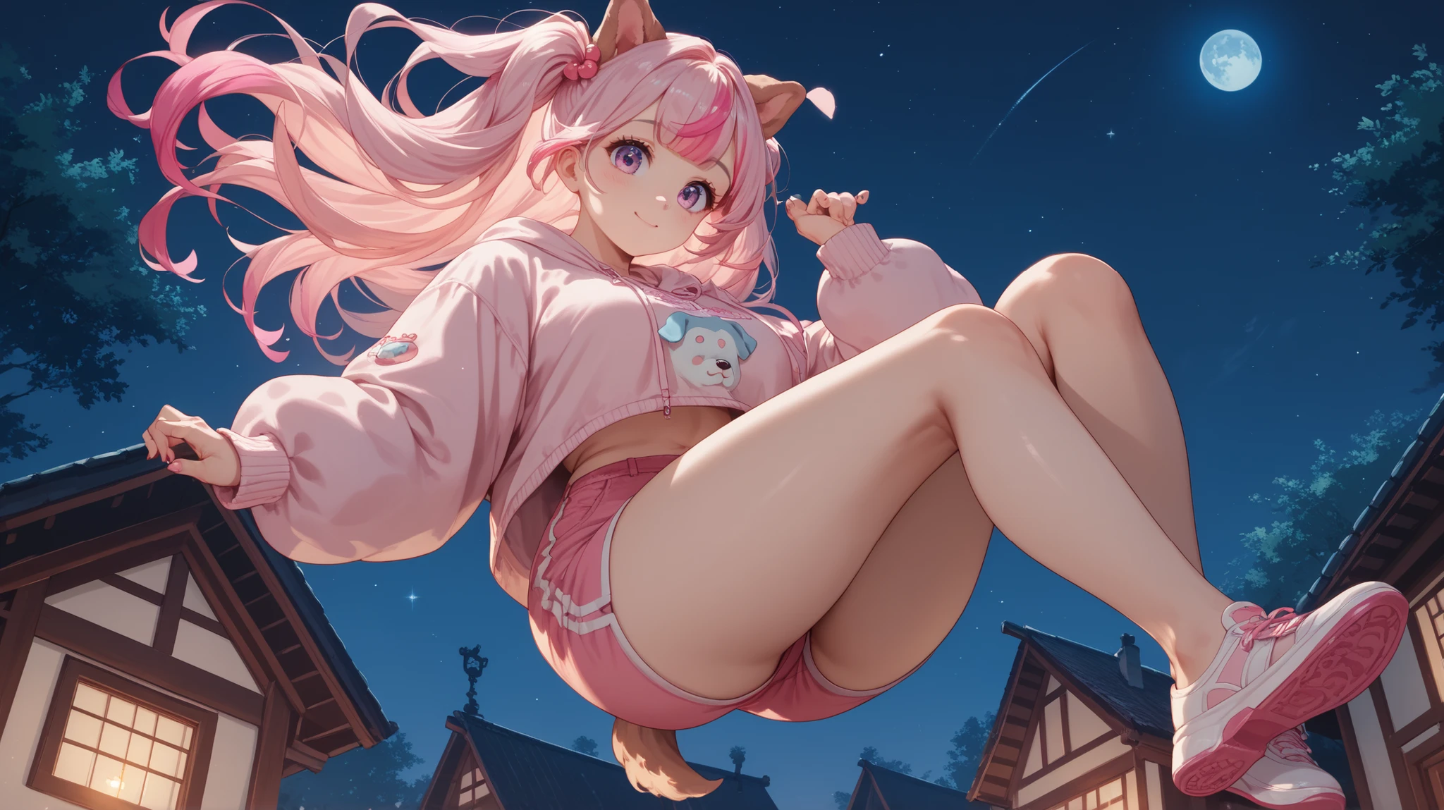 Kawaii, Fluffy Fox, Pink hair, Pink Eye, Blue Eye, heterochromia, Solo, Oversized Hood Jacket, knit sweater, shorts, Pink Striped thigh high Socks, Calf boots,