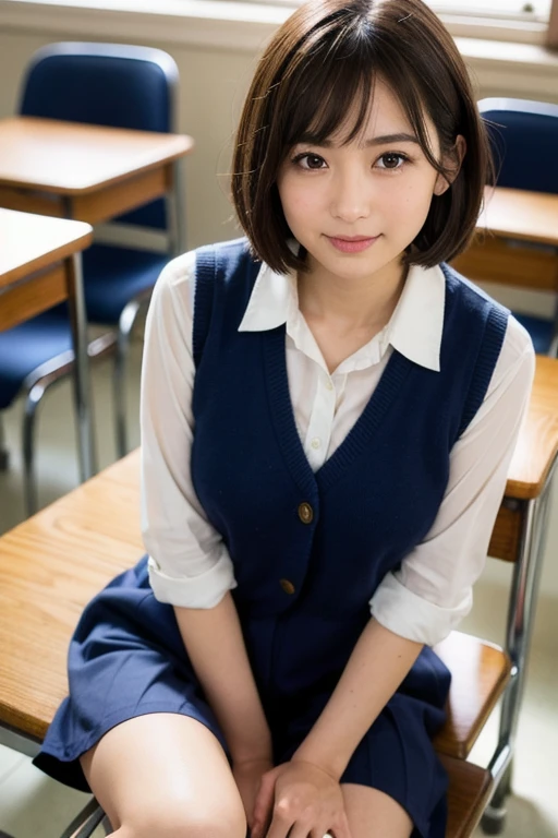 ((8K:1.27、highest quality、masterpiece、ultra high resolution:1.2))、 beautiful japanese woman、 (High School Teacher:1.3)、1 girl、Teacher's costume、big bust:1.5、valley、black hair、black eye、short hair、Beautiful woman、high school classroom、evening、enchanting smile、((perfect anatomy、beautiful limbs,healthy body、beautiful skin))、natural body、professional lighting、professional photography、gravure、