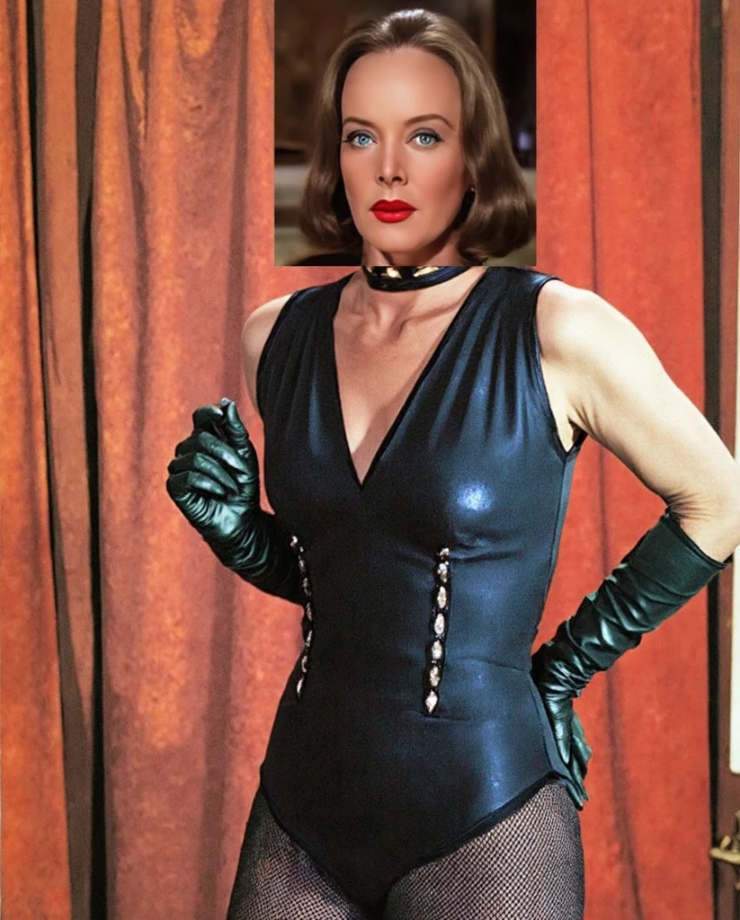 Joan Fontaine dressed in sexy biker clothes with lipstick and smiling