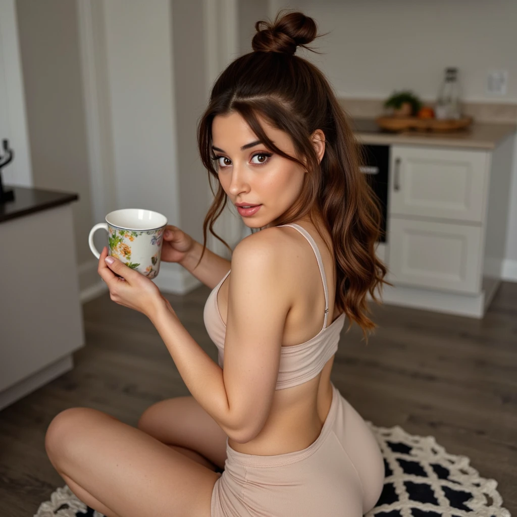 instagram photo, red hair, woman , 23 years old, cute slim face, vanna bardot, dressed up, slim body, (masterpiece), ((photorealistic)), on her balcony, italy, rome, sitting on chair, looking the saint pietro, back view of the model, drinking coffee
