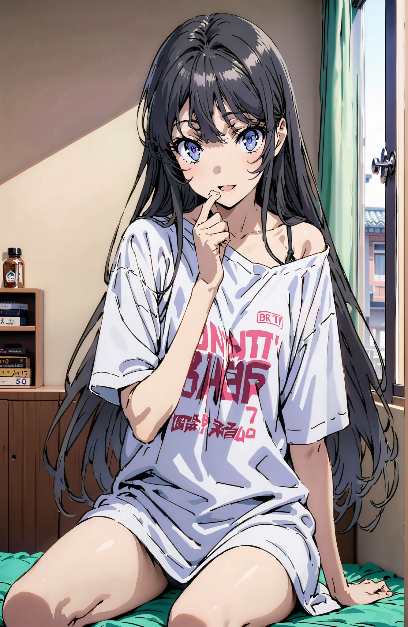 score_9, score_8_up, score_7_up, source_anime,
household, Mai Sakurajima, long hair, Bang, black hair, purple eye,oversized t-shirt,black string panties, one shoulder,sits on a bed,smile,cover,open your mouth,narrows her eyes,Bare legs,morning,decor,curtains,window, Beautiful Streetscapes,break indoors, bedroom,
break looking at viewer,full body,
break (masterpiece:1.2), BEST QUALITY, high resolution, Unity 8Kの壁紙, ( illustration :0.8), (beautiful detailed eyes:1.6), very detailed face, perfect lighting, highly detailed CG, (perfect hand, Perfect Anatomy),