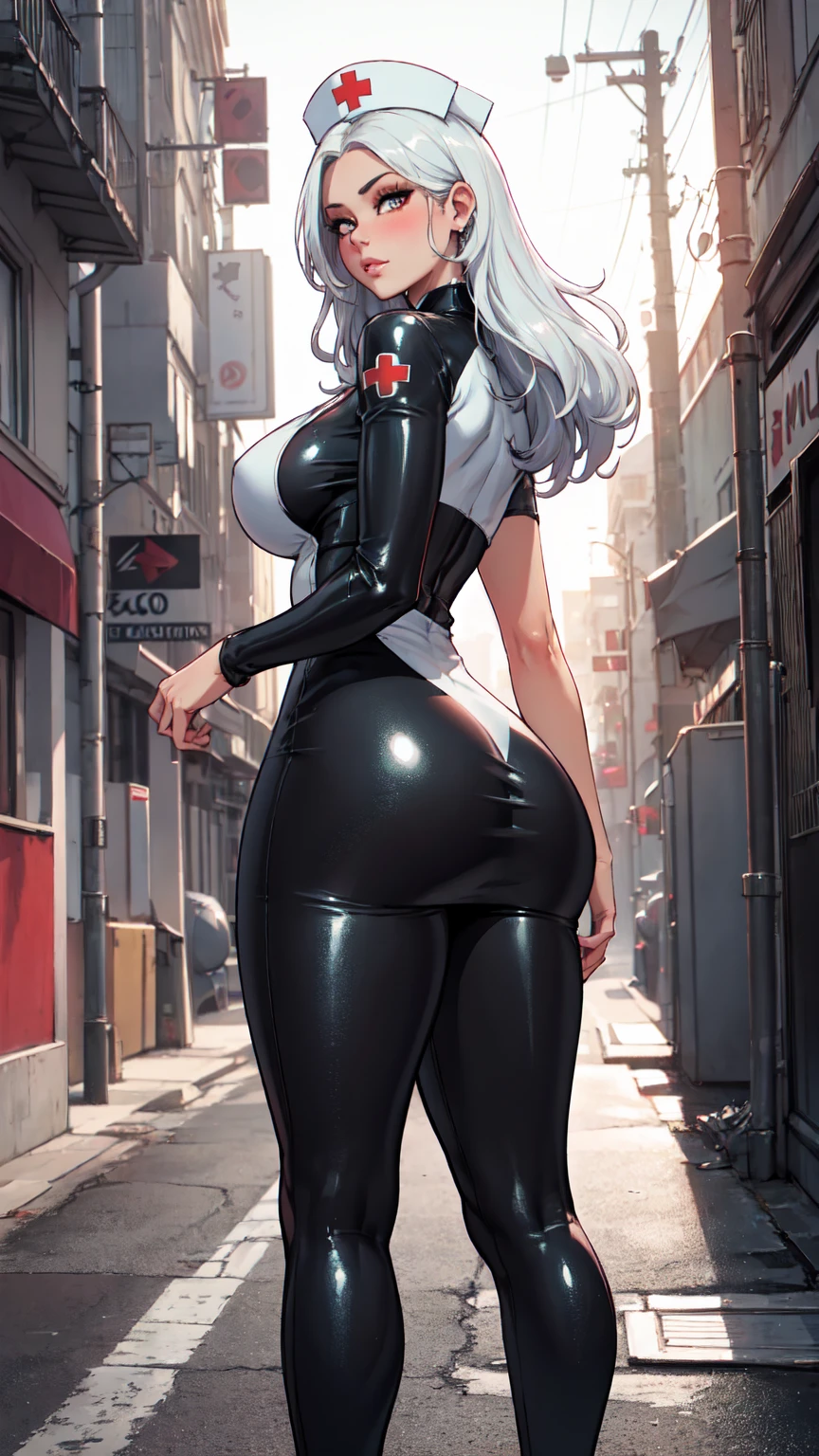 (gigantic cleavage breasts:1.4),latex body suit,black pantyhoses,No shoes,Full body like,shrine maiden clothe,Dance,white backgrounid,simplebackground