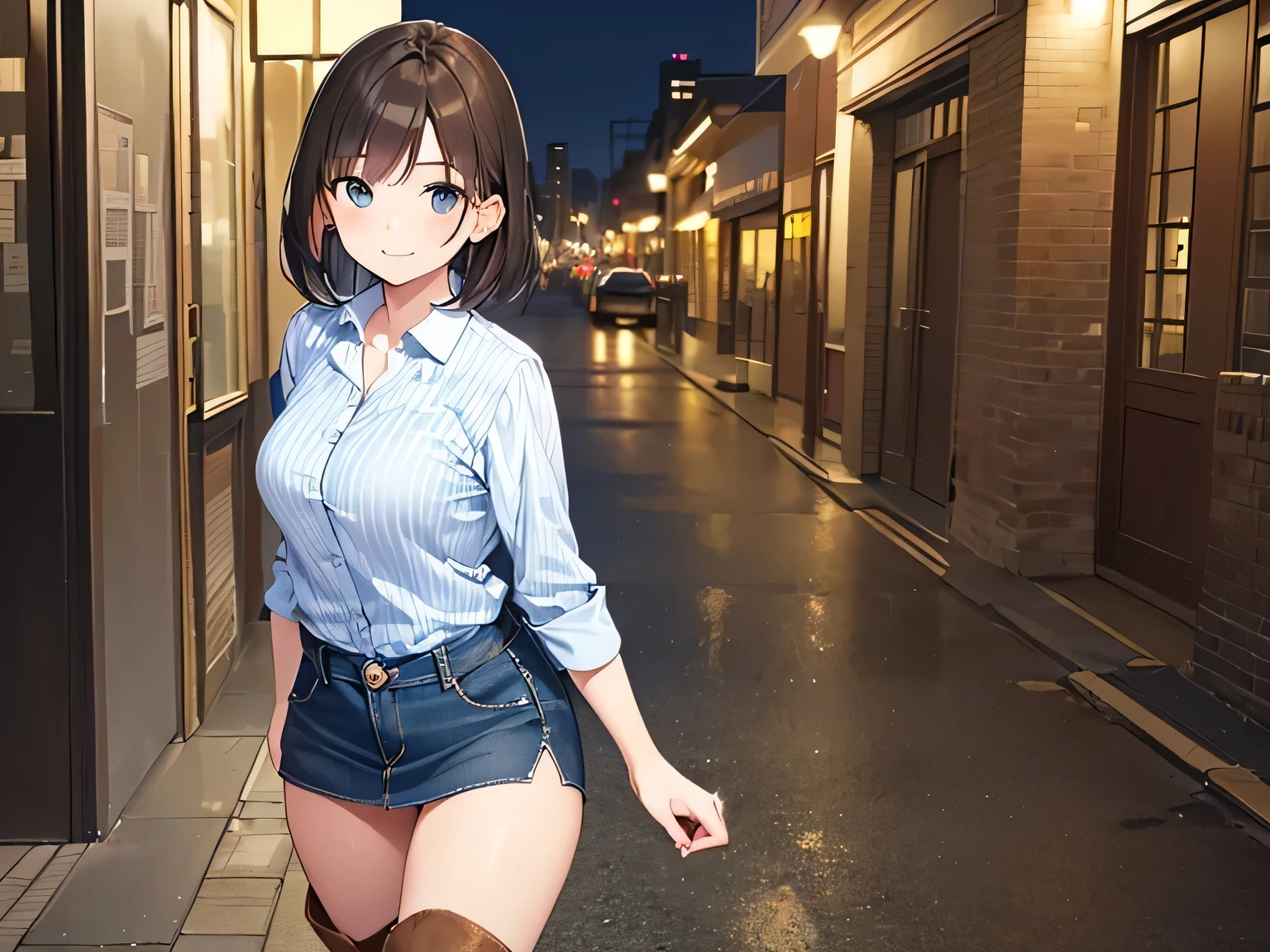 ((highest quality, 8K, masterpiece: 1.3, RAW photo)), sharp focus: 1.2, (alone), (1 Aespa Girl: 1.2), (realistic, realistic: 1.37), (face focus: 1.1), cute face, small breasts, flat chest, messy short hair, (business shirt: 1.1), Beautiful woman standing in the city under the light of a lamp, cinematic lighting, thigh, Chiffon panties,