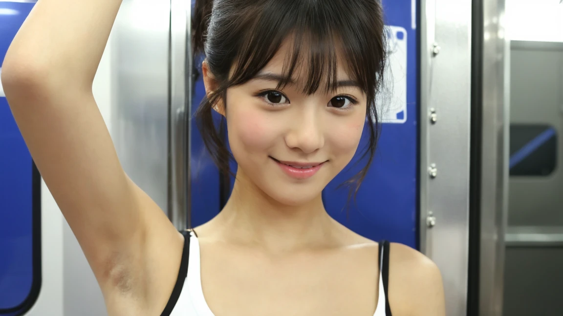 zydG, 1girl, detailed skin, looking at viewer, brown eyes, (ponytail with bangs:1.2), (large breasts:1.0), (large areolae:0.8), smile with white teeth,
(photorealistic:1.4), (best quality:1.0), (ultra highres:1.0), 8k, RAW photo, (masterpiece:0.2), (sportswear:1.4), (sweat, wet:1.1), portrait, face focus,
(pureerosface_v1:0.5)