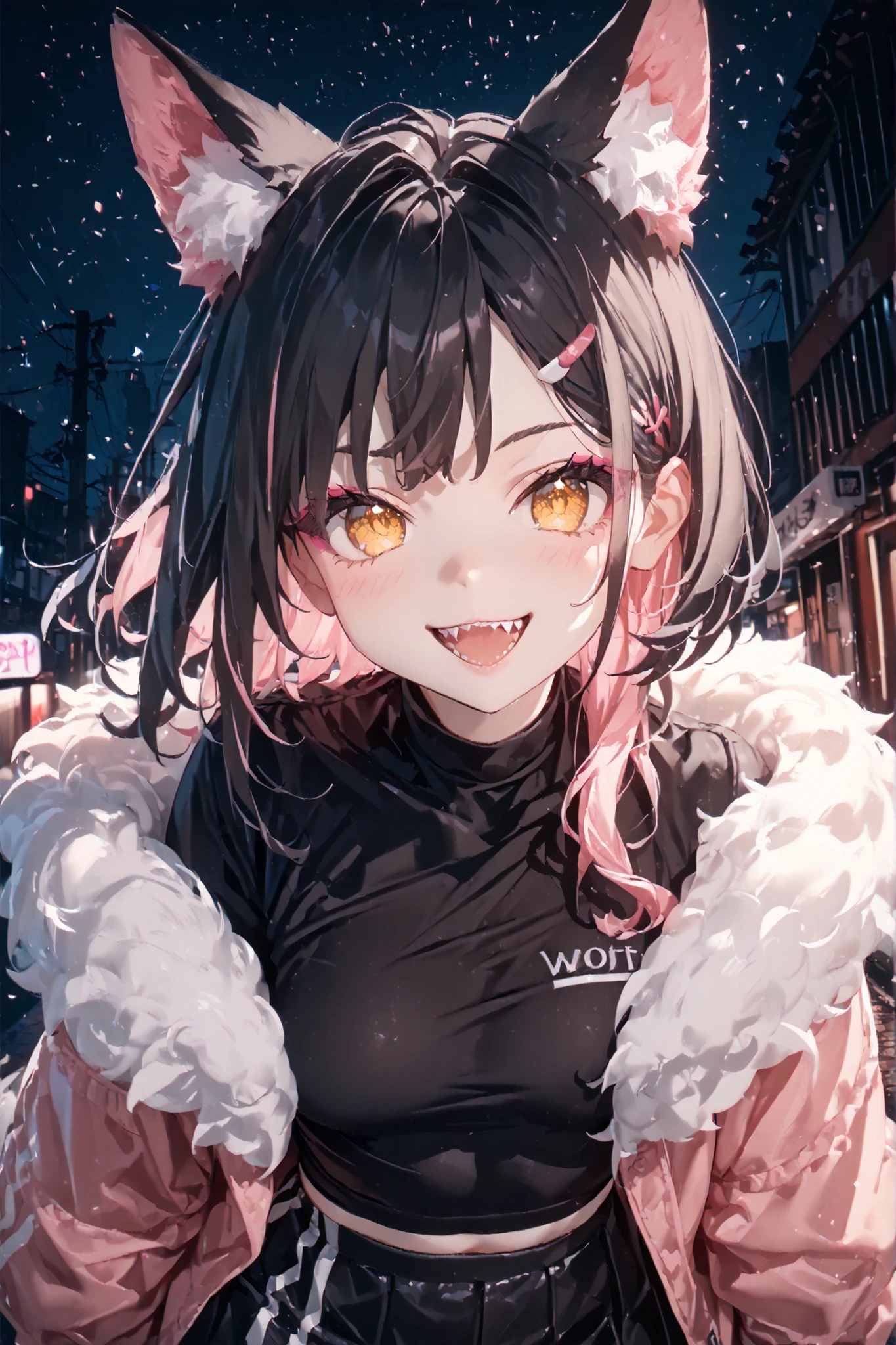 Character: solo, 1girl, wolf-girl, demi-human, adult, grenn-yellow eyes ((Eyes with high detail, no defects, pupils of equal size)), playful, cheeky look, full lips, black hair, pink highlight on hair, wolfcut, (wolf ears), sharp teeth, canine teeth, playful smile, escaped curls, bright make-up, pink eyeshadow, cute face, a-cup breasts, small breasts, black (plain) crop top, pink fur cape, black short skirt. Background: dark alley, outside of nightclub, outdoors, night, particles, fractal, best quality, 8k, highres, masterpiece, ultra-detailed, dramatic lighting