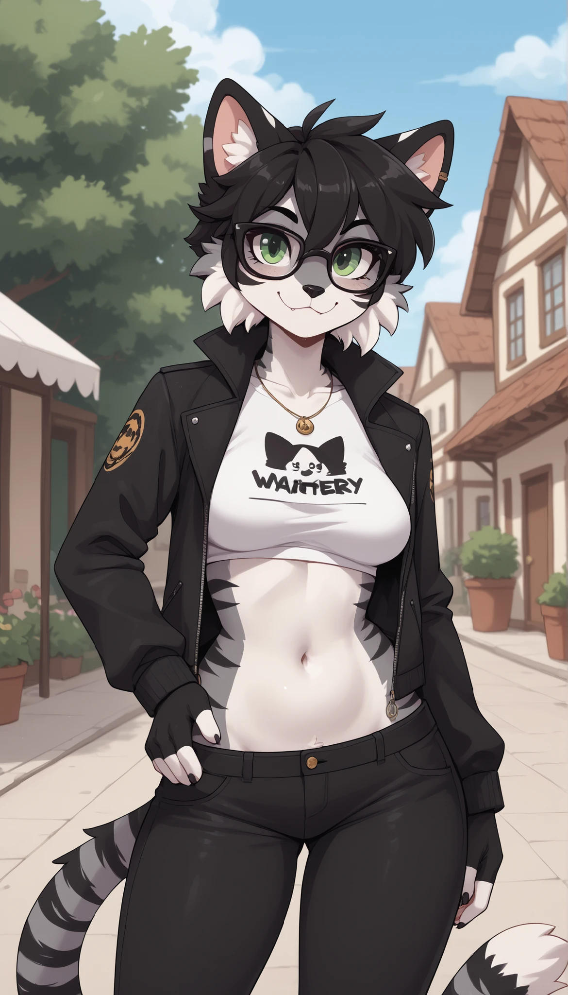 (Masterpiece) (High Detail) (High Res) A close up of a short, slim, curvy and cute fluffy black cat furry with Black and Dark Grey fur with black tiger stripes and white tummy fur and green eyes and a curvy effeminate shape and black spikey emo hair and thick thighs and curvy hips and a fluffy black stripy tail and a black cat nose and medium breasts. She is wearing glasses and has black spikey emo hair. She is wearing a black summer dress and is stood in the park.
