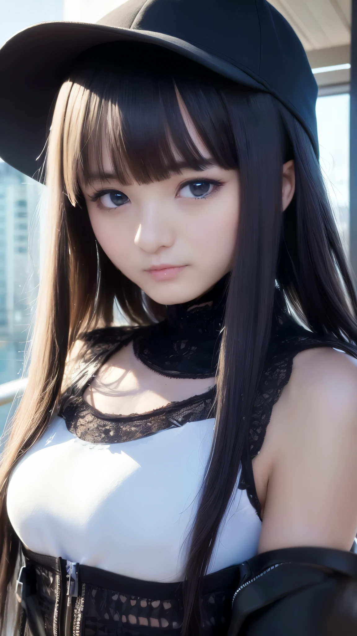 greatest masterpiece, Best Quality, 8K, Ultra High Resolution , mishoujo, Painting, Beautiful eyes and a beautiful face, shape, beautiful details, high resolution shape, Shine_white_ particle, one girl, white hair, Light Purple Eyes, Hair on one eye, Short side details, baseball cap,expressionless, window shade , black jacket, chest rig, Cyberpunk, Techwear,(Impressionism:1.3), Vincent van Gogh