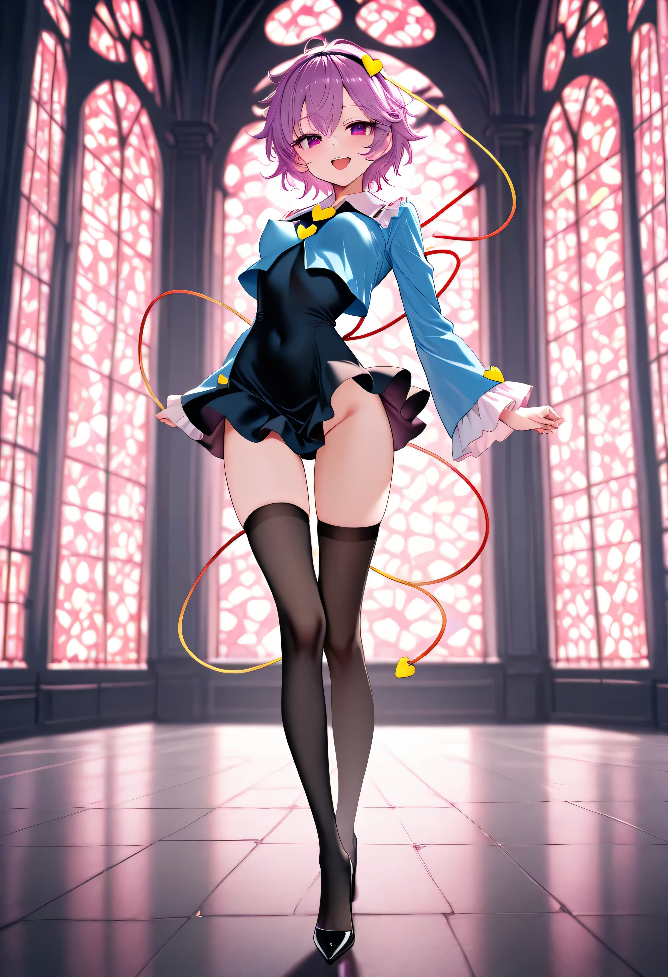 (score_9), komeiji_satori, longlegs_v0.22_pony, solo, (1 skinny girl standing), (petite small girl), BREAK, (cropped coat:1.2), (black short dress:1.2), thigh gap, (groin:1.2), black thighhighs, stiletto heels, BREAK, looking at viewer, {smile:0.2}, {open mouth:0.2}, (bouncing unaligned breasts:1.1), arched back, BREAK, (too short torso:1.2), (too narrow waist:1.2), (too short waist:1.2), (covered large nipples), BREAK, stained glass