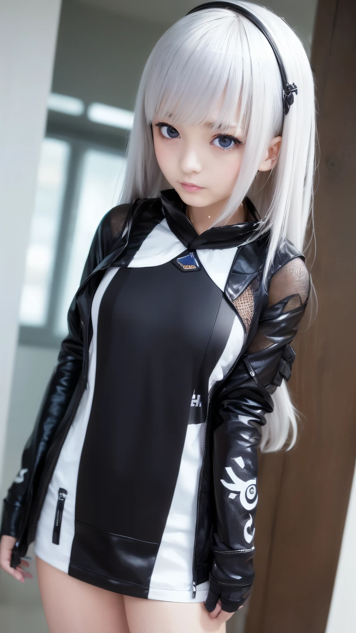 masterpiece, Best Quality, 4K, Ultra High Resolution , mishoujo, Painting, Beautiful eyes and a beautiful face, shape, beautiful details, high resolution shape, Shine_white_ particle, one girl, white hair, Light Purple Eyes, Hair on one eye, Short side details, baseball cap,expressionless, window shade , black jacket, chest rig, Cyberpunk, Techwear,(Impressionism:1.4), (Detailed arms:1.2, Perfectly correct arm:1.2), (detailed eyes and face:1.3, professional photography techniques)