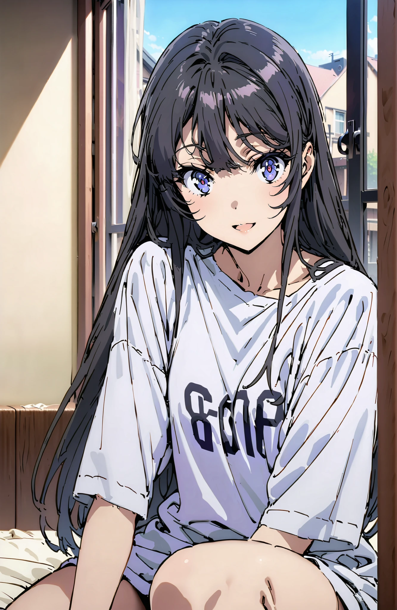 score_9, score_8_up, score_7_up, source_anime,
household, Mai Sakurajima, long hair, Bang, black hair,  purple eye,oversized t-shirt,black string panties, one shoulder,sits on a bed,smile,cover,open your mouth,narrows her eyes,Bare legs,morning,decor,curtains,window, Beautiful Streetscapes,break indoors, bedroom,
break looking at viewer,full body,
break (masterpiece:1.2), BEST QUALITY, high resolution, Unity 8Kの壁紙, ( illustration :0.8), (beautiful detailed eyes:1.6), very detailed face, perfect lighting, highly detailed CG, (perfect hand, Perfect Anatomy),