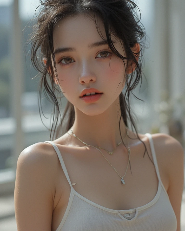 (Best quality, 4k, Masterpiece :1.3), pretty woman, 1girl, y :1.1, dark brown hair: 1.1, (rainy wet, wet from rain, wet body :1.2), white tank tops, ultra-detailed face, detailed lips, detailed eyes, double eyelid