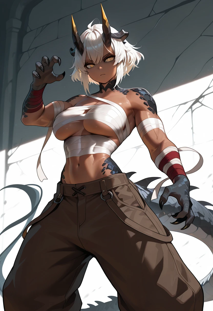 Young girl, long white hair, cat ears, cat tail, multi-colored eyes, heterohromia, left eye purple, right eye turquoise, white top, shorts, lot of tattoo, scars, open belly, wide neckline, boob window, smirk, claws, sexy pose, Masterpiece, best quality, Full HD, 4k, ultra details