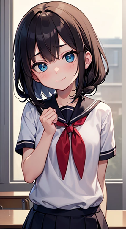 Wearing a soccer uniform with an embroidered logo、Cute junior high school girl with small breasts、Sweaty and looking happy、Lying on the bed、Low - Angle、The uniform has an embroidered logo、indoor、Very protruding nipples、Pulling on clothes、The action of grabbing the chest area of one's clothes