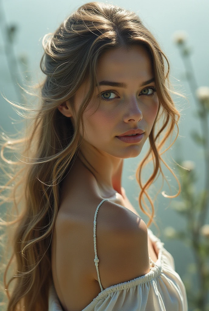 ((Fisheye 5mm lens, low angle shot )). portrait of a gorgeous European woman, age 23,random color wavy hair. Chest close up.
she’s a playboy magazine model. She has a subtle smile and flirts with the camera.
She's standing in a tropical garden.
perfect eyes, perfect hands, perfect body, perfect hair, perfect breast, hair behind ear, blurry foreground, UHD, retina, masterpiece, accurate, anatomically correct, textured skin, super detail, high details, high quality, award winning, best quality, highres, 16k, 8k, backlight, Kodachrome. Golden hour. Bokeh