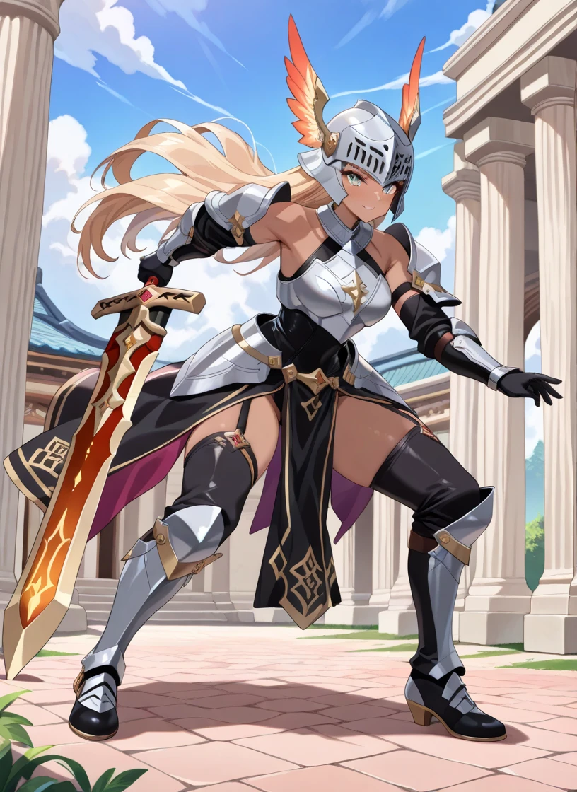 (((8k,Best Quality)), Masterpiece, girl, holding sword, combat pose, gauntlet,  full body, (cropped shoulders), ((highleg leotard)),  ((leotard, chest plate armor)) solo, ((gauntlets)), ((greaves)), sarong, bare shoulders,  belt pouch, long puffy sleeves, ((white background)),