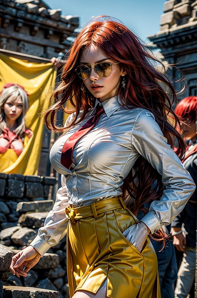 One beautiful long orange-haired dark tanned, huge medium breasts, European Heroine with an ice-blue sexy very-deep-low-cut karate-outfit fighting kung-fu-style with het enemies. realistic.