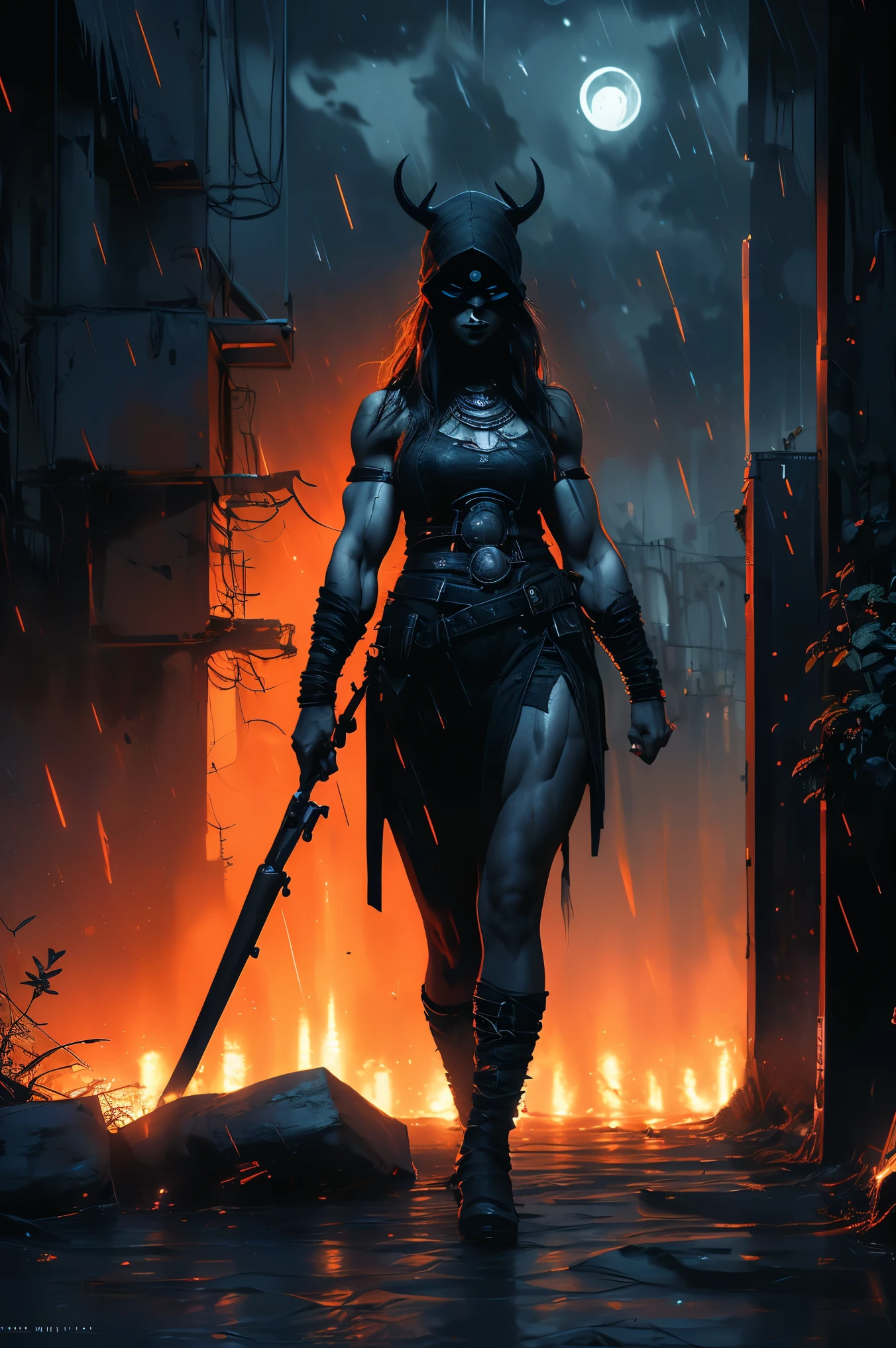 dark and torn, ((a beautiful young woman with a muscular body:1.5)), fierce expression, holding a gun, (colors in your clothes, Warm, orange, yellow, PURPLE:1.3), standing in a desolate wasteland, dramatic lighting, intense shadows, sandy texture, tall contrast, vibrant colors, dynamic pose, Powerful posture, rough background, explosive atmosphere, dystopian theme, surreal elements , digitally painted illustration, high definition resolution, intricate details, dramatic composition, avant-garde and chaotic brushstrokes, Gothic style, intense emotions, epic scale, raw and gritty feeling, Captivating and provocative artworks.., (at night, darkness:1.4)