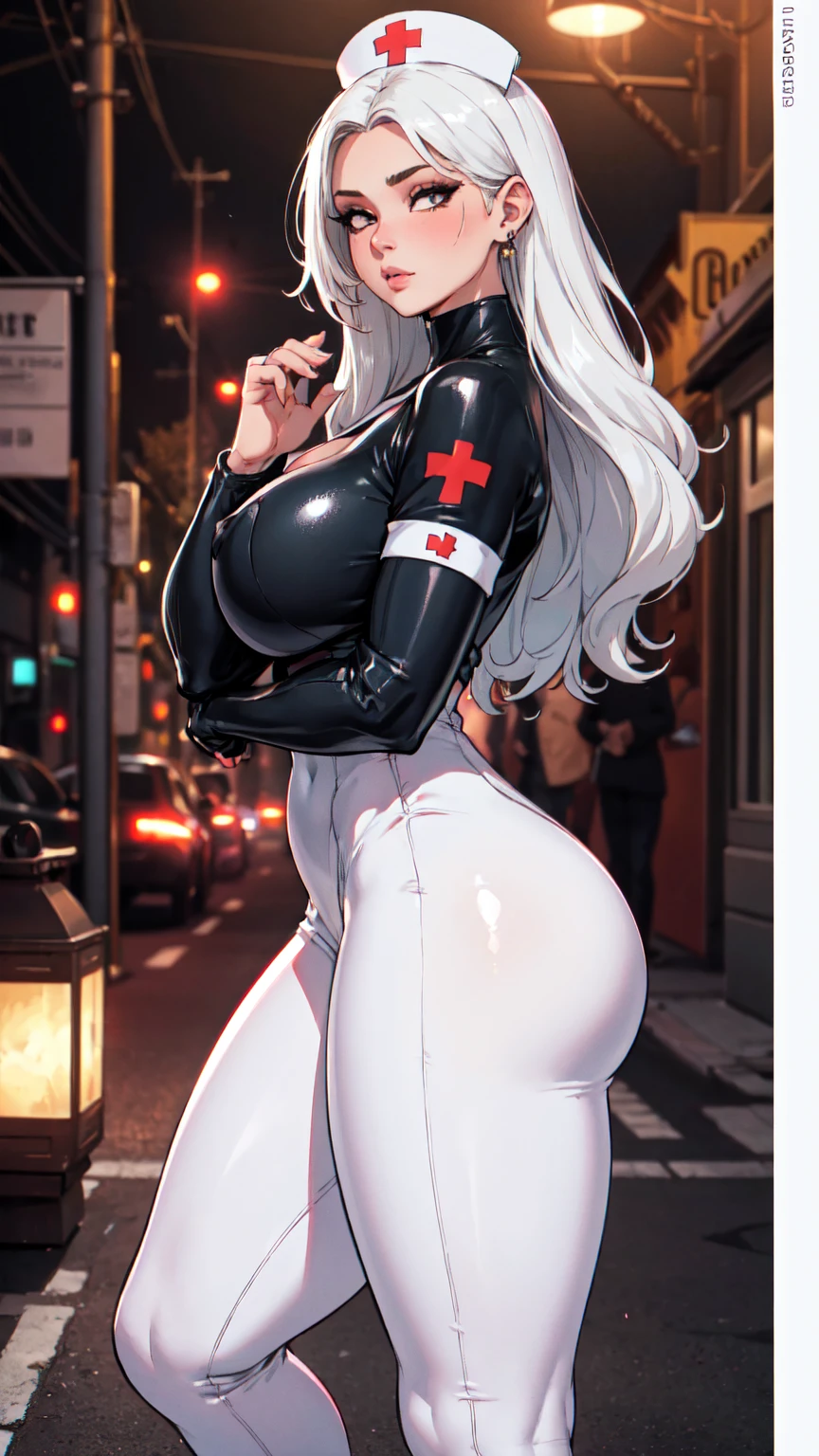 ((Cowboy shot:1.4)) 1 Same Girl , Perfect Beautiful , robot Face ,(chrome skin:1.1), (silver arms, silver face, silver legs) ((android woman)),( metallic android , long Hair , Black Gothic Nun Dress , Athletic Body , ((gigantic breasts:1.2)) Extreme Detailed Portrait With Bokeh Effect , Realistic Lighting , Night Street View , Dark Vibe , Crowd , Gothic Makeup , Gothic Tattoo , Posing Like a Model , Look at Viewer, cool lighting, blue street lamp light((sunset ambiance light:1.0))