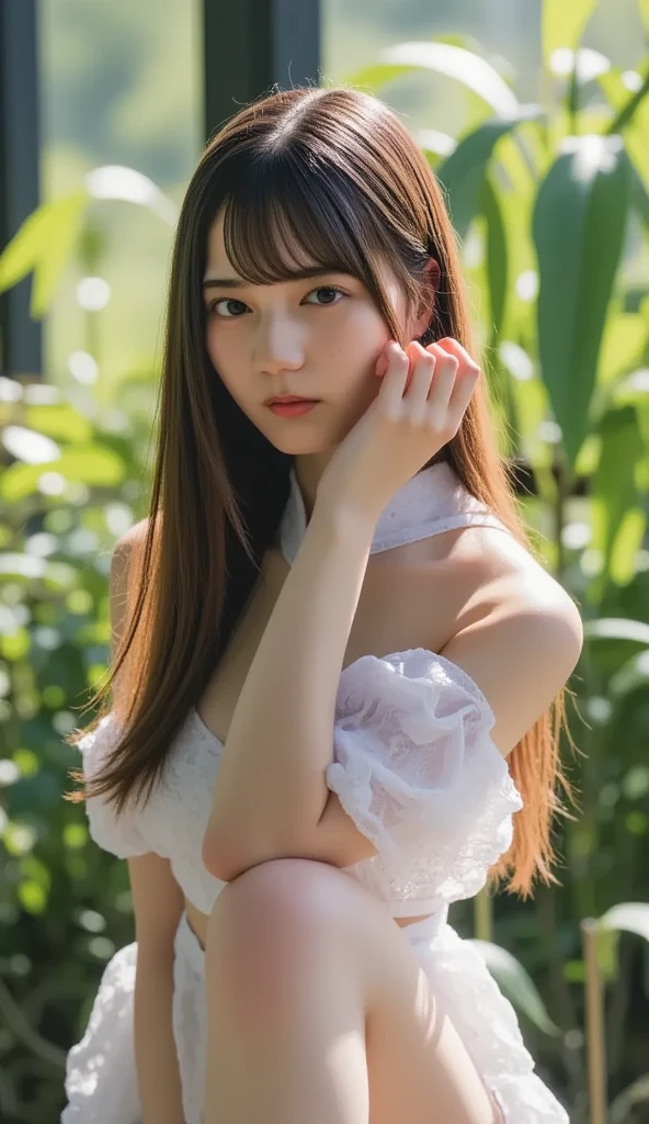 A slight smil、NSFW、((cammel toe))、(Female genitals:1.1)、Sexual young girl 、18year old、 Adorable、 (Ruffled White Summer Dress:1.2) 、 (see -through:1.3)、 (Twin-tailed) 、 (a high chroma、top-quality:1.0)、 (highlydetailed skin)、 (Best Quality:1.1)、 (超A high resolution:1.0) 、(photographrealistic:1.0)、 (ultra-detailliert:1.0)、 (8K、 Raw photo:1.1)、(autumnal、Trees with bright autumn leaves々:1.3)、Water's edge along the valley