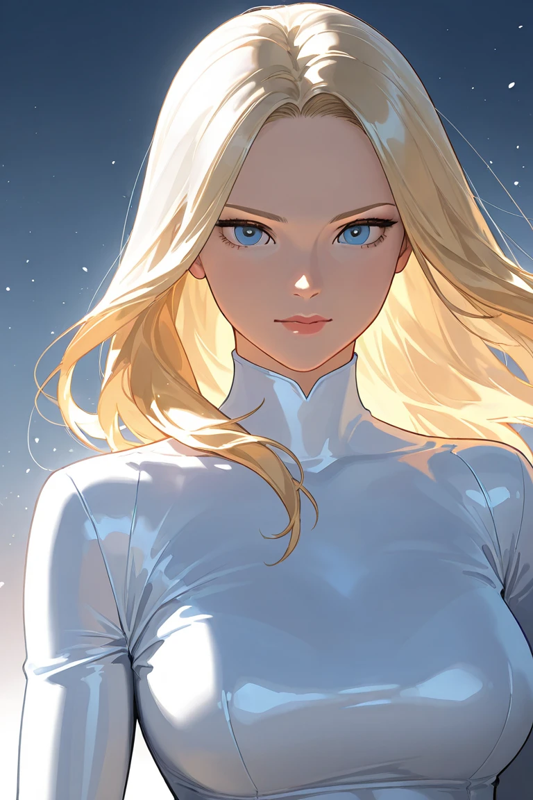 Beautiful Modern Anime: Emma Frost in her classic attire, a frosty-haired, impeccably elegant yet discreet mutant woman. Exuding the charm of a professional model, with blue eyes sparkling with mischief and vitality. Resembling Megan Fox and Charlize Theron, her icy gaze framed by cascading waves of frosty locks, capturing her cool sophistication. Radiating glamour, power, and youthful energy. Intricate outfit details of shimmering diamonds and sleek leather with a modest neckline showcase the artist's skill.