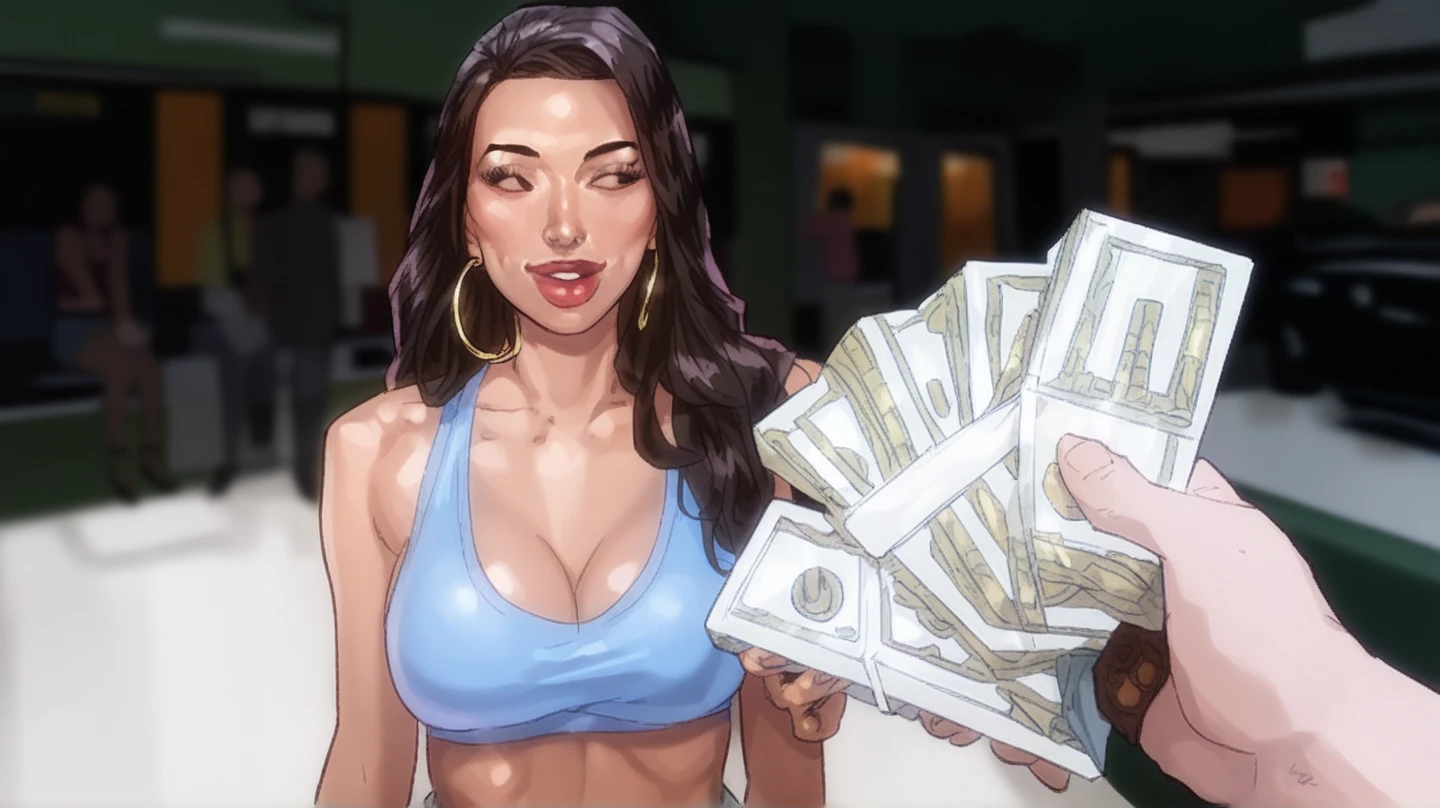 a woman in a bank vault, mole, brown hair, best quality, photorealistic, masterpiece, raw image, skin pores, detailed skin, 5 fingers, Latina, dramatic lighting, looking at the viewer, vibrant color, luciagta6sdxl, full body, <lora:luciagta6sdxl:1>, ponytail, tactical outfit, stacks of cash