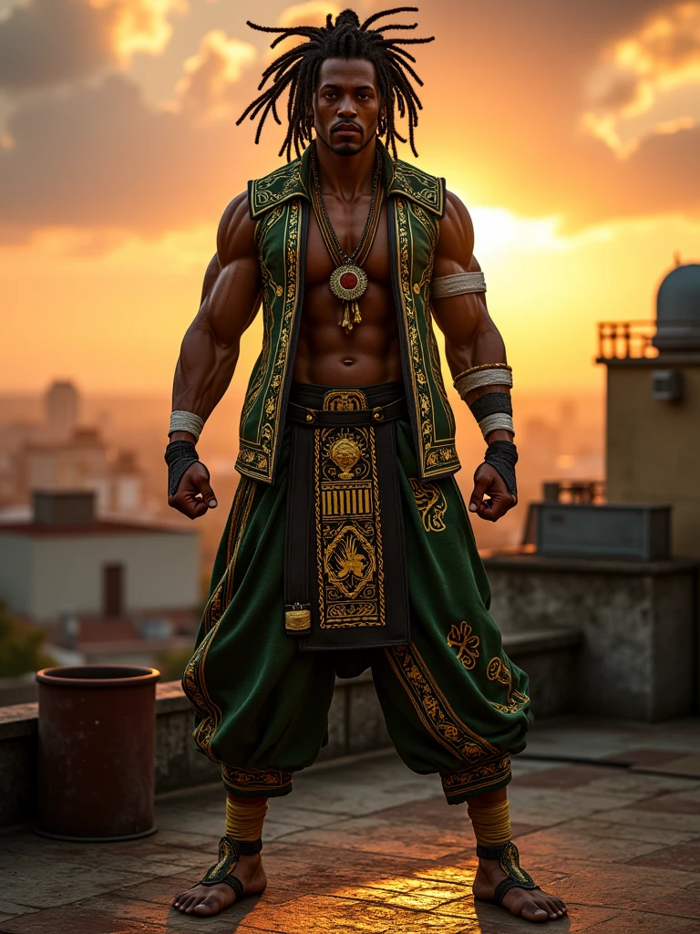 Colombian mythological character,Little man ,with big hands and giant feet ,He wears a giant hat that covers his head and half of his body. His face and body cannot be seen because they are under the hat., wears green armored snake leather pants ,His weapon is a whip made of human skins