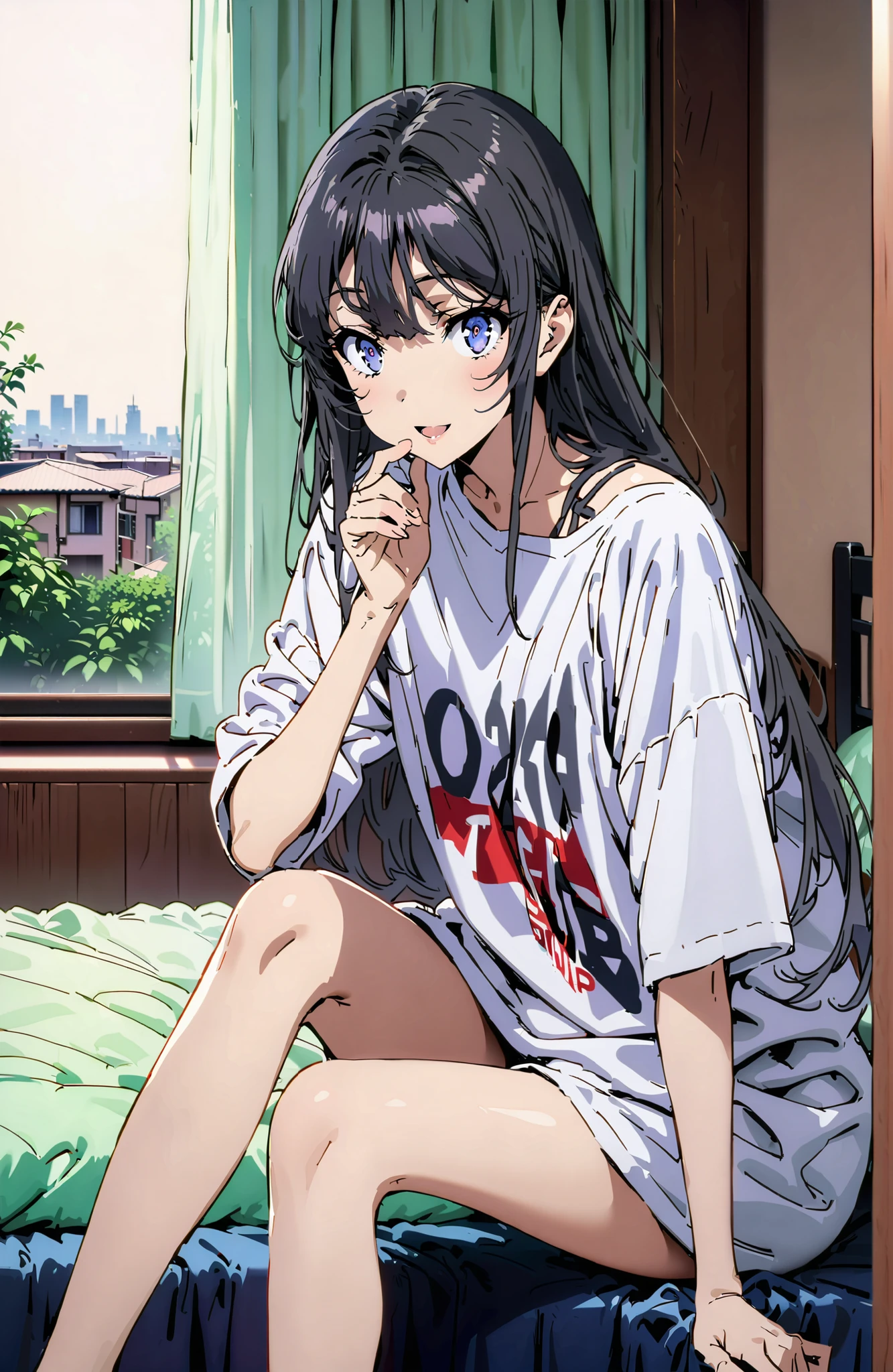 score_9, score_8_up, score_7_up, source_anime,
household, Mai Sakurajima, long hair, Bang, black hair, purple eye,oversized t-shirt,black string panties, one shoulder,sits on a bed,smile,cover,open your mouth,narrows her eyes,Bare legs,morning,decor,curtains,window, Beautiful Streetscapes,break indoors, bedroom,
break looking at viewer,full body,
break (masterpiece:1.2), BEST QUALITY, high resolution, Unity 8Kの壁紙, ( illustration :0.8), (beautiful detailed eyes:1.6), very detailed face, perfect lighting, highly detailed CG, (perfect hand, Perfect Anatomy),