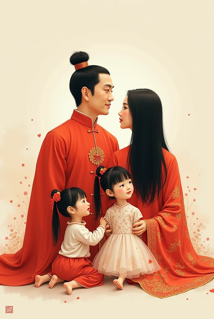 Family of four outdoors,There is a strong Spring Festival atmosphere on the street,Family members with smiles on their faces,Spring Festival decorations decorate the entire street。reunion,Frontal composition,Warm colors,standard lens,indoor,Natural light,static,joy,reunion,Ultra-fine face,Super beautiful face,Ultra-fine facial features,a little boy,Fashionable clothing,Dress handsomely,male god,goddess,top quality、Masterpiece、ultra high resolution、(Realism:1.6)、Eyes and facial details、dynamic lighting、gloomy、deep shadow、movie lighting、增强hair details的绘图、a delicate face、more hair、Detailed nose、detailed mouth、detailed body、hair details