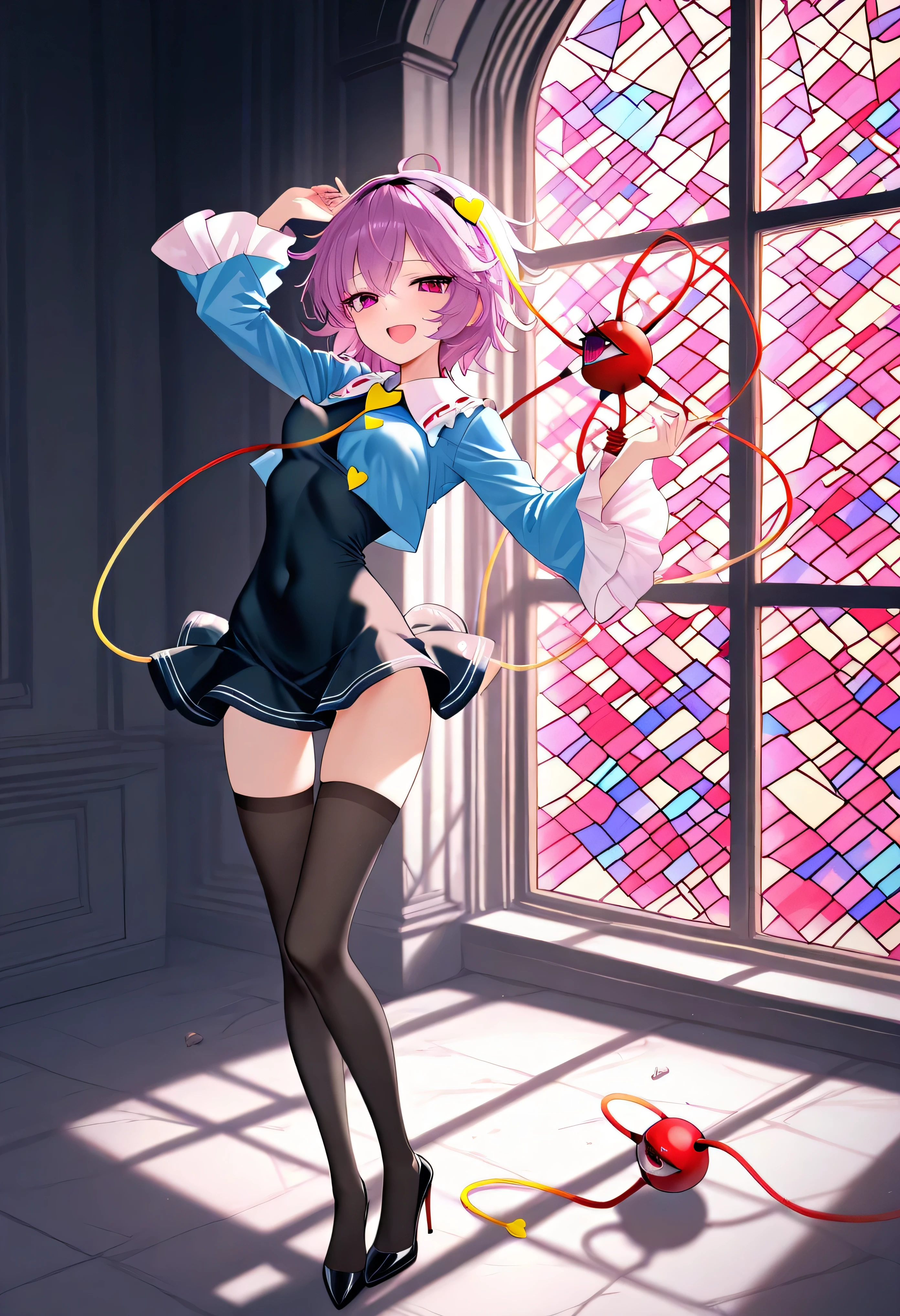 (score_9), komeiji_satori, longlegs_v0.22_pony, solo, (1 skinny girl standing), (petite small girl), BREAK, (cropped coat:1.2), (black short dress:1.2), thigh gap, (groin:1.2), black thighhighs, stiletto heels, BREAK, looking at viewer, {smile:0.2}, {open mouth:0.2}, (bouncing unaligned breasts:1.1), arched back, BREAK, (too short torso:1.2), (too narrow waist:1.2), (too short waist:1.2), (covered large nipples), orgasm, BREAK, stained glass