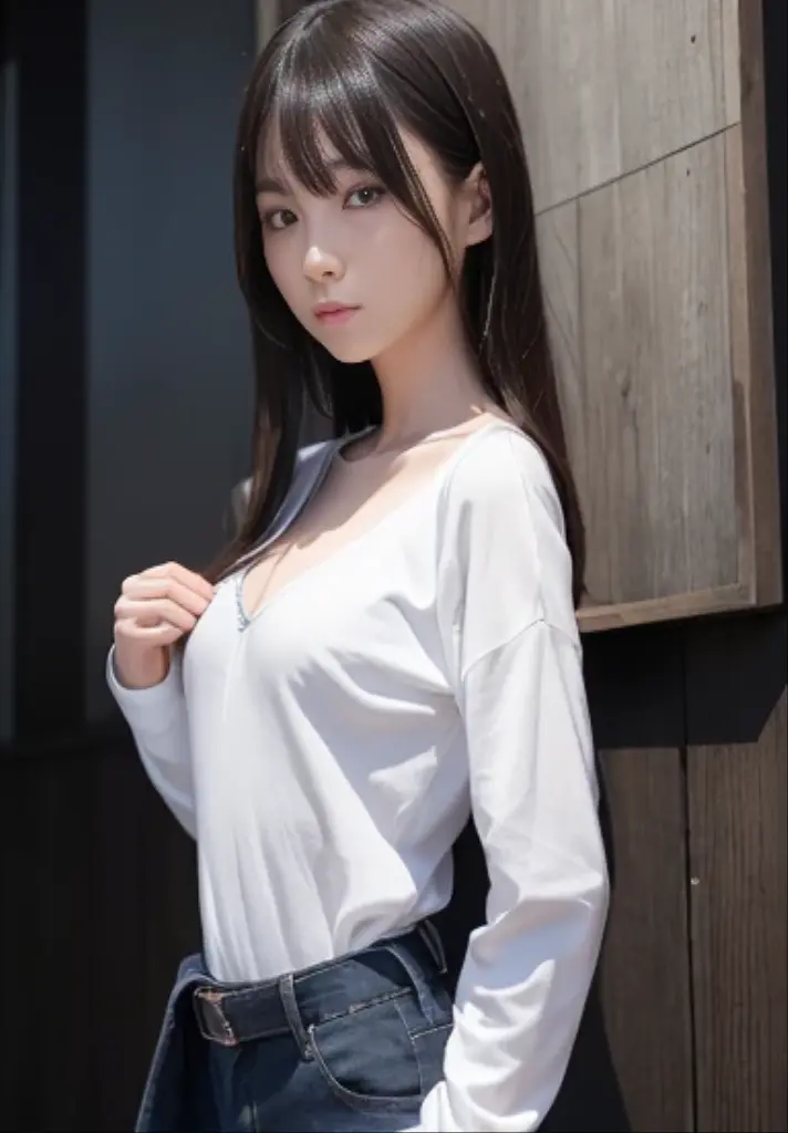 Japanese female, a lot of details, (underweight), 30 years old, detailed black hair, beautiful detailed hair, super fucking beautiful, delicate beautiful face, complex details beautiful and delicate eyes, perfect hands, (flat chest best quality:1.5), perfect and delicate limbs, detailed skin, best quality, ultra-detailed, (haunted spot), scared, walking, semi long, (blue long-sleeved t-shirt), (white jeans), japanese, at night, (dark atmosphere), full body shot:1.2, ground-level shot, darkness