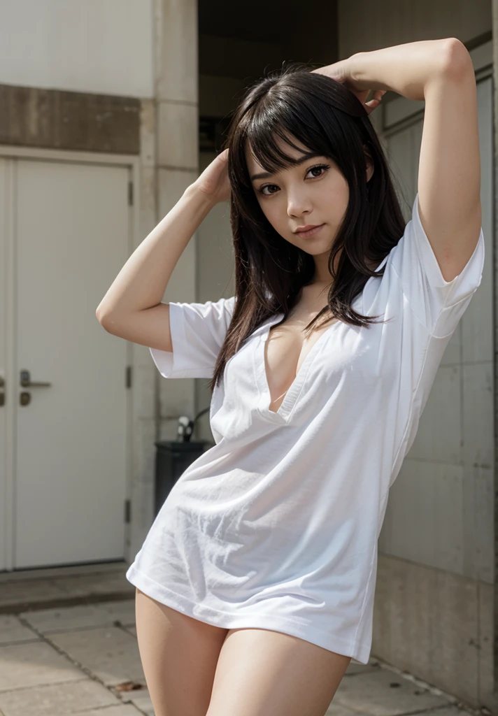(Natural Sunlight, Best Quality, 8k, 32k, Masterpiece, UHD: 1.2), Cute Japan Woman Photos, Light Brown Hair, Beautiful Face, (Slouch: 1.3), Squatting, (From Top: 1.2), (Close-Up: 1.4), POV, Loose T-shirt, Small Breasts, (Beautiful Nipple Slip: 0.9), Outdoors, Wind, Glossy Skin, Blurry Background, ((Namie Amuro \ (Japan Singer \ ), Japan star, Japan entertainer, Namie Amuro: 1.2), realistic shadows, flowing hair, dense makeup,